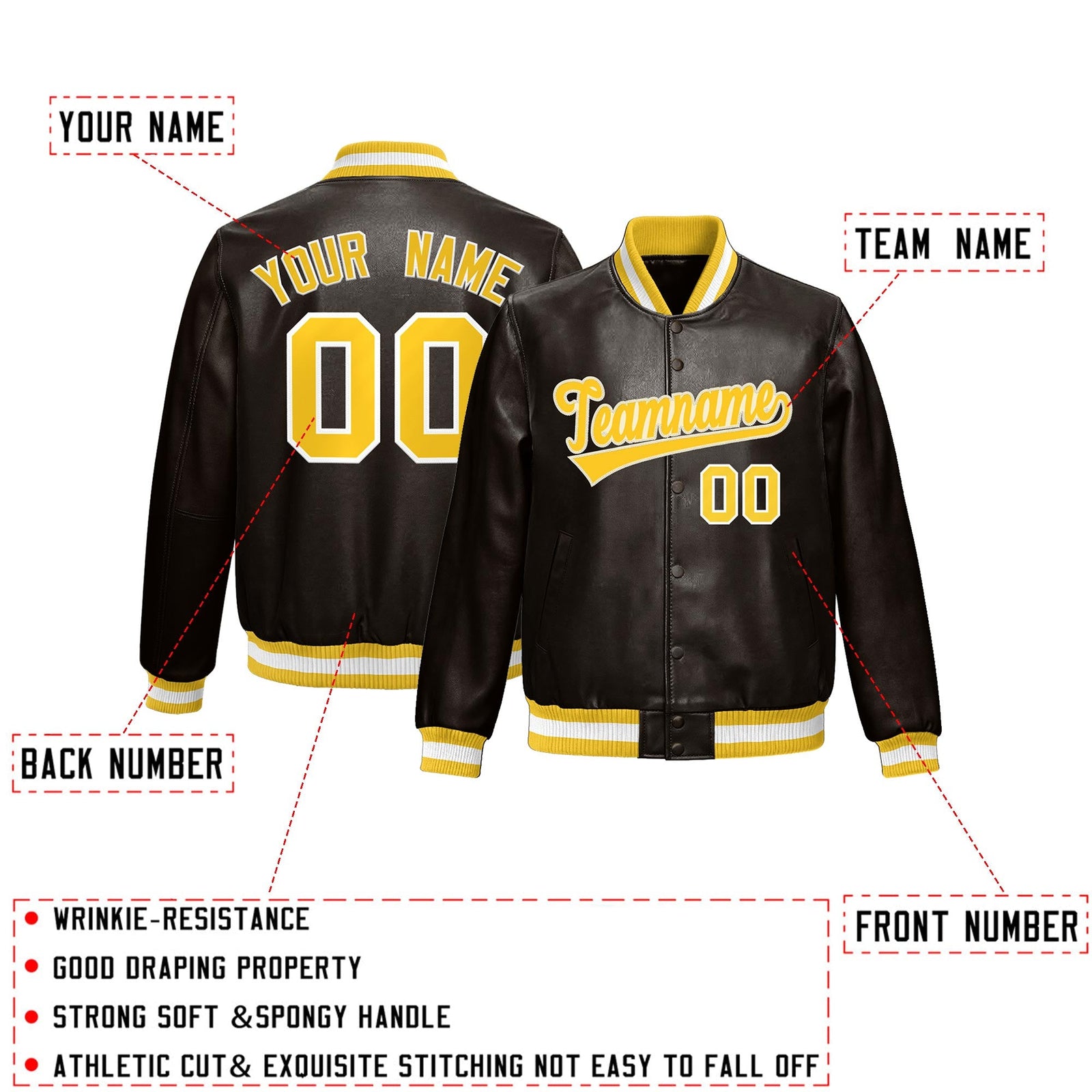 Custom Brown Yellow Full-Snap Varsity Faux Leather Letterman Jacket| KXKSHOP