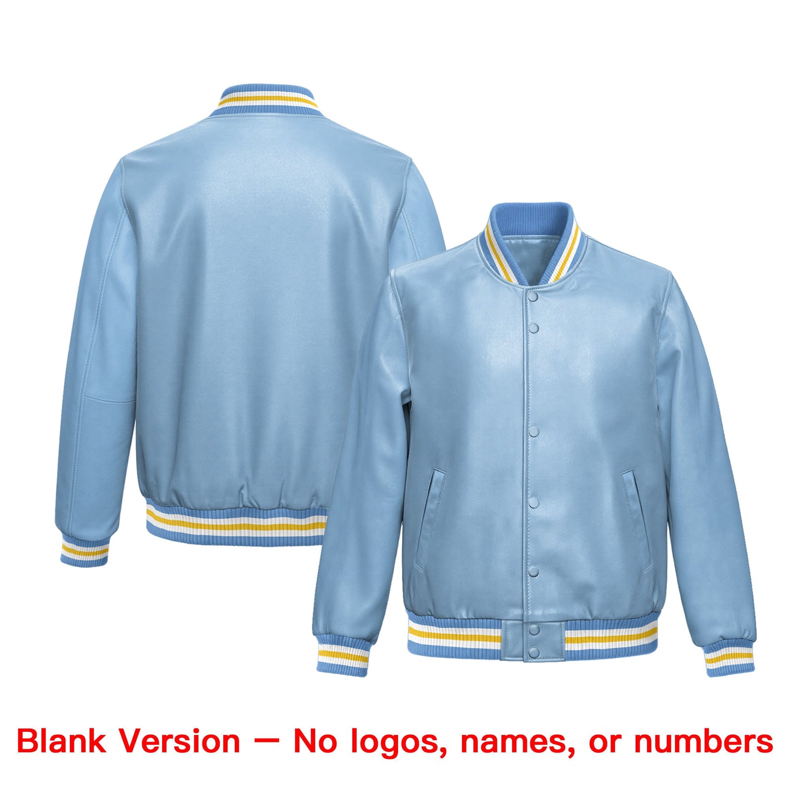 Custom Powder Blue Gold Full-Snap Varsity Faux Leather Letterman Jacket| KXKSHOP