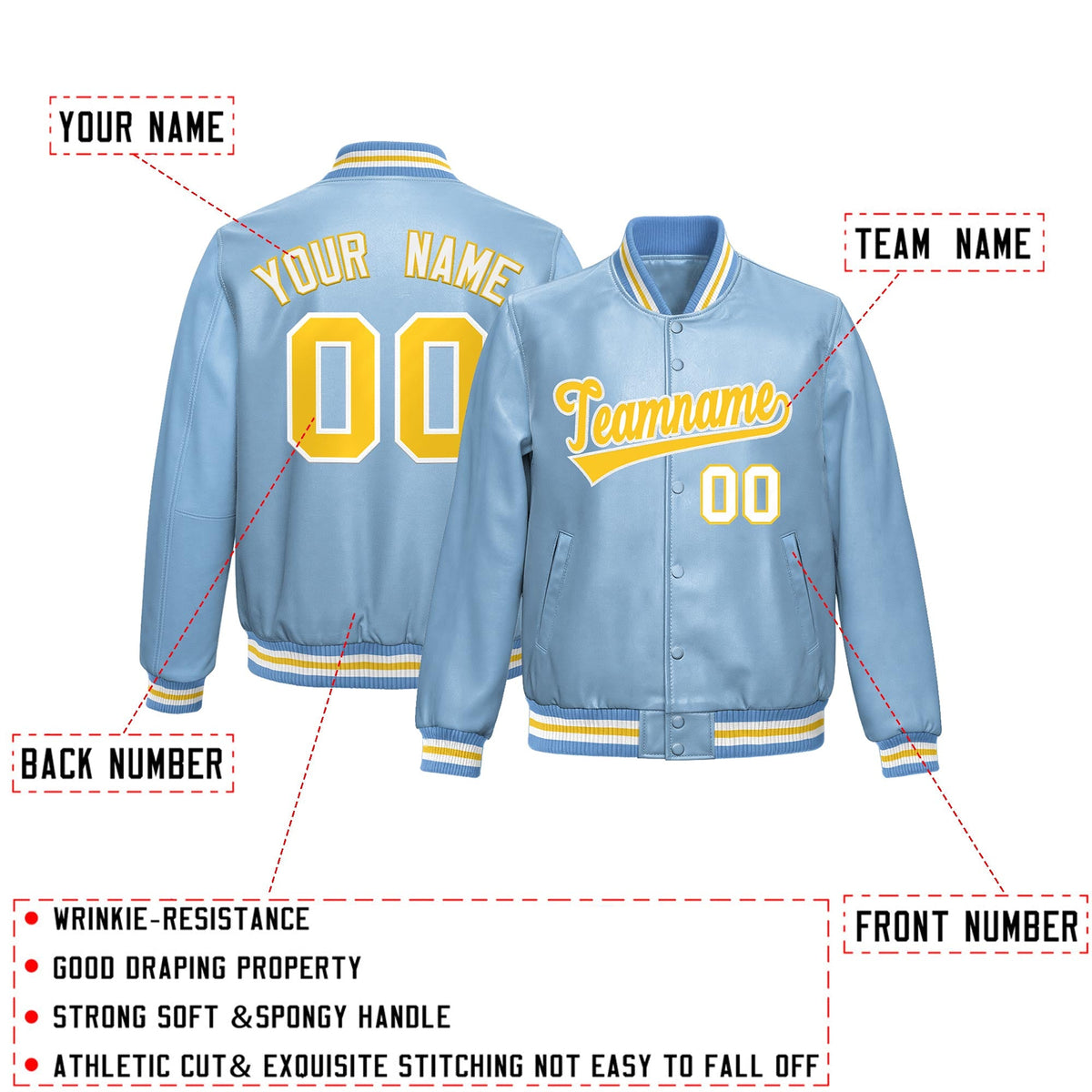 Custom Powder Blue Gold Full-Snap Varsity Faux Leather Letterman Jacket| KXKSHOP