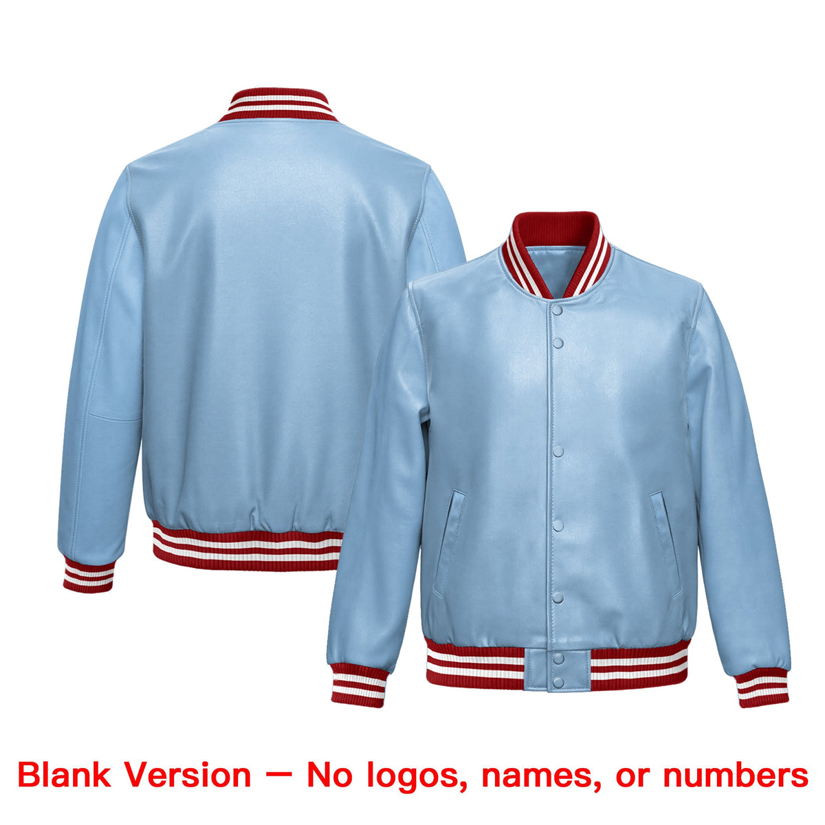 Custom Powder Blue Red Full-Snap Varsity Faux Leather Letterman Jacket| KXKSHOP