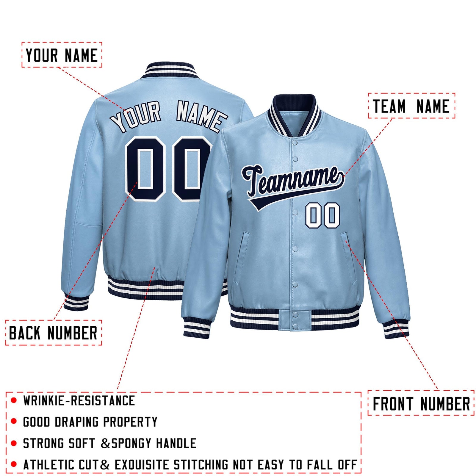 Custom Powder Blue Navy Full-Snap Varsity Faux Leather Letterman Jacket| KXKSHOP