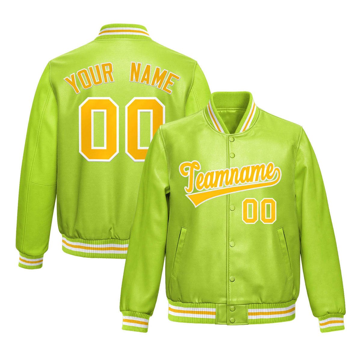Custom Neon Green Yellow Full-Snap Varsity Faux Leather Letterman Jacket| KXKSHOP