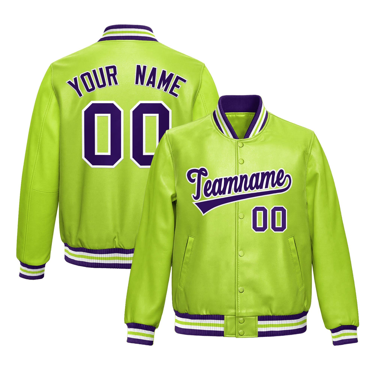 Custom Neon Green Purple Full-Snap Varsity Faux Leather Letterman Jacket| KXKSHOP