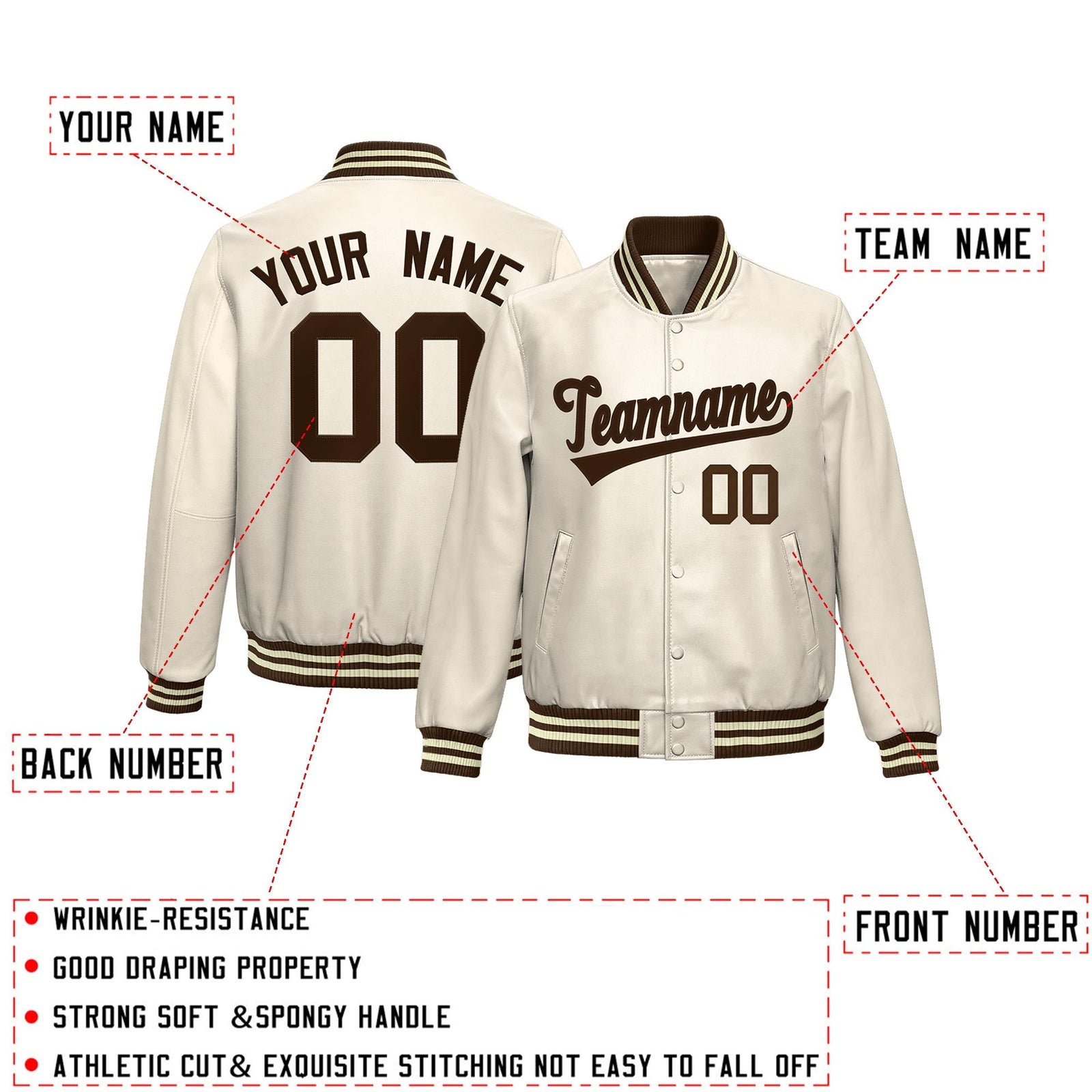 Custom Cream Brown Full-Snap Varsity Faux Leather Letterman Jacket| KXKSHOP