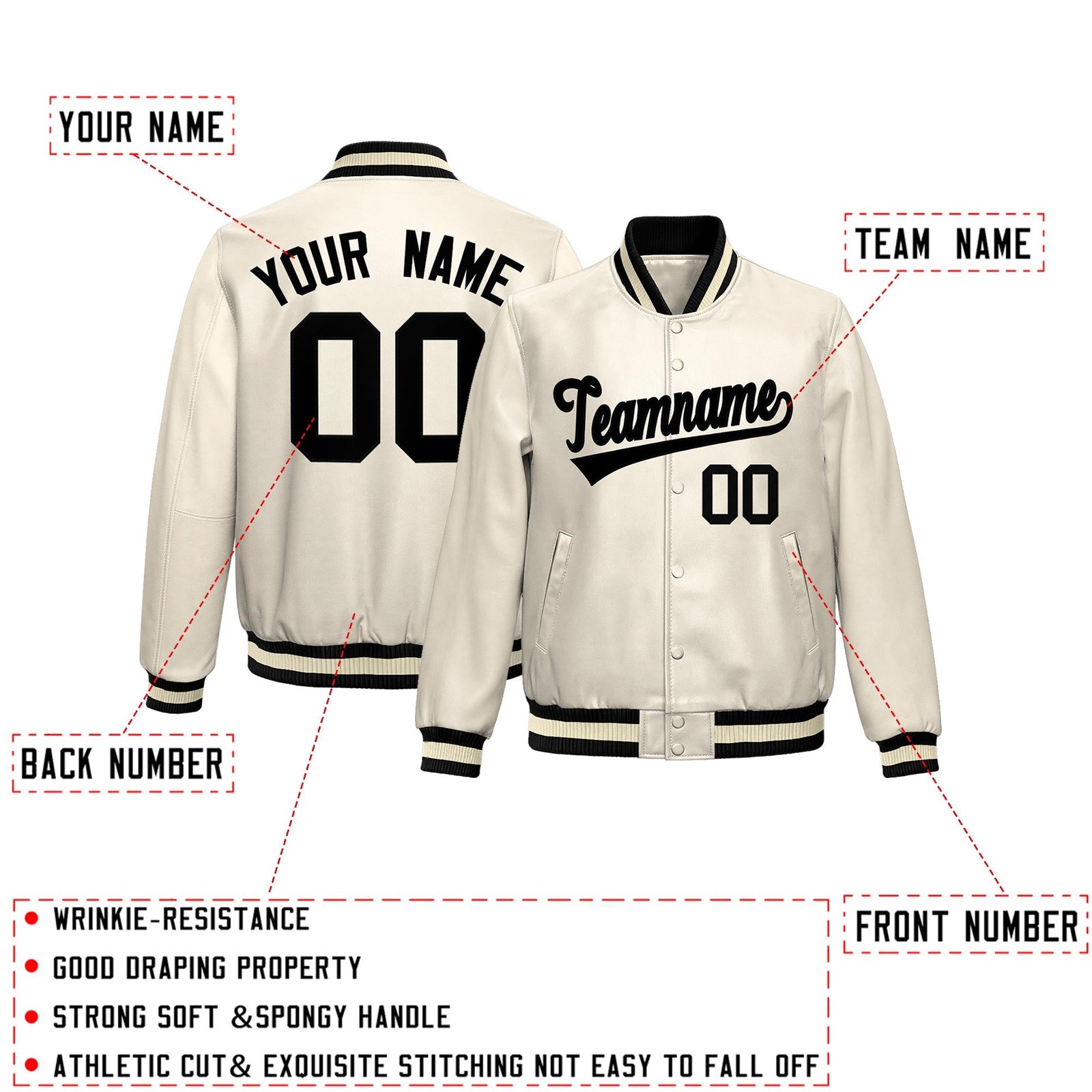 Custom Cream Black Full-Snap Varsity Faux Leather Letterman Jacket| KXKSHOP