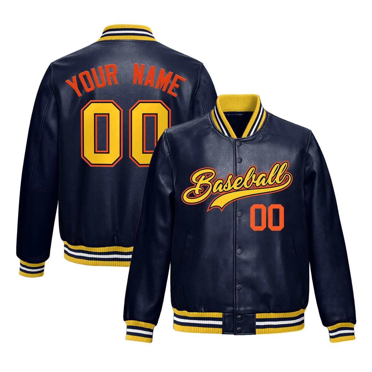 Custom Navy Gold Full-Snap Varsity Faux Leather Letterman Jacket| KXKSHOP