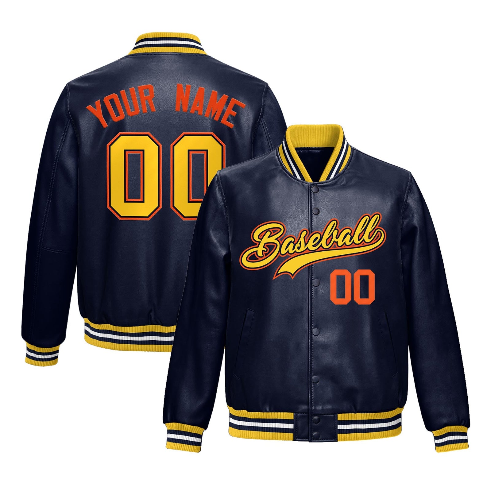 Custom Navy Gold Full-Snap Varsity Faux Leather Letterman Jacket| KXKSHOP