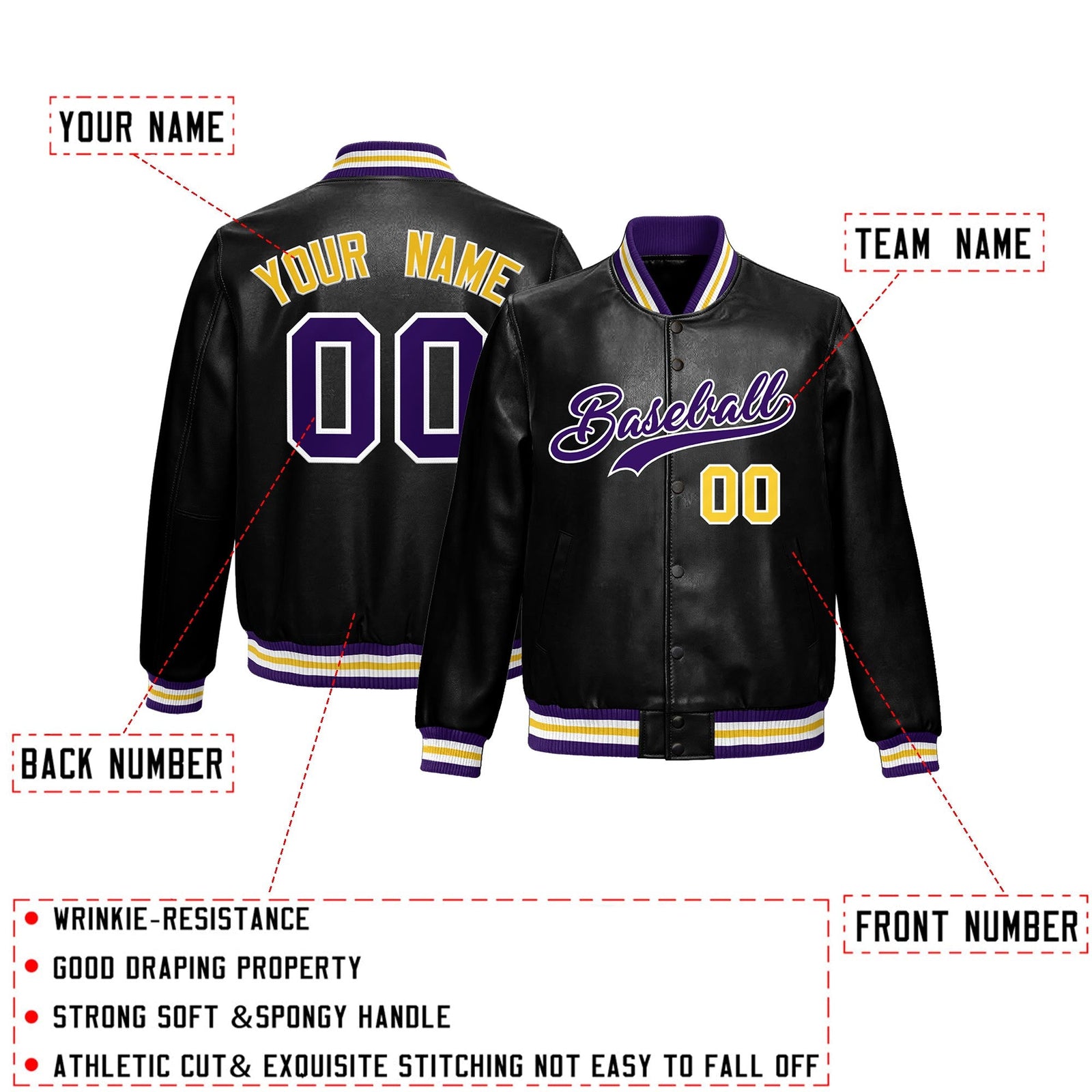 Custom Black Purple Gold Full-Snap Varsity Faux Leather Letterman Jacket| KXKSHOP
