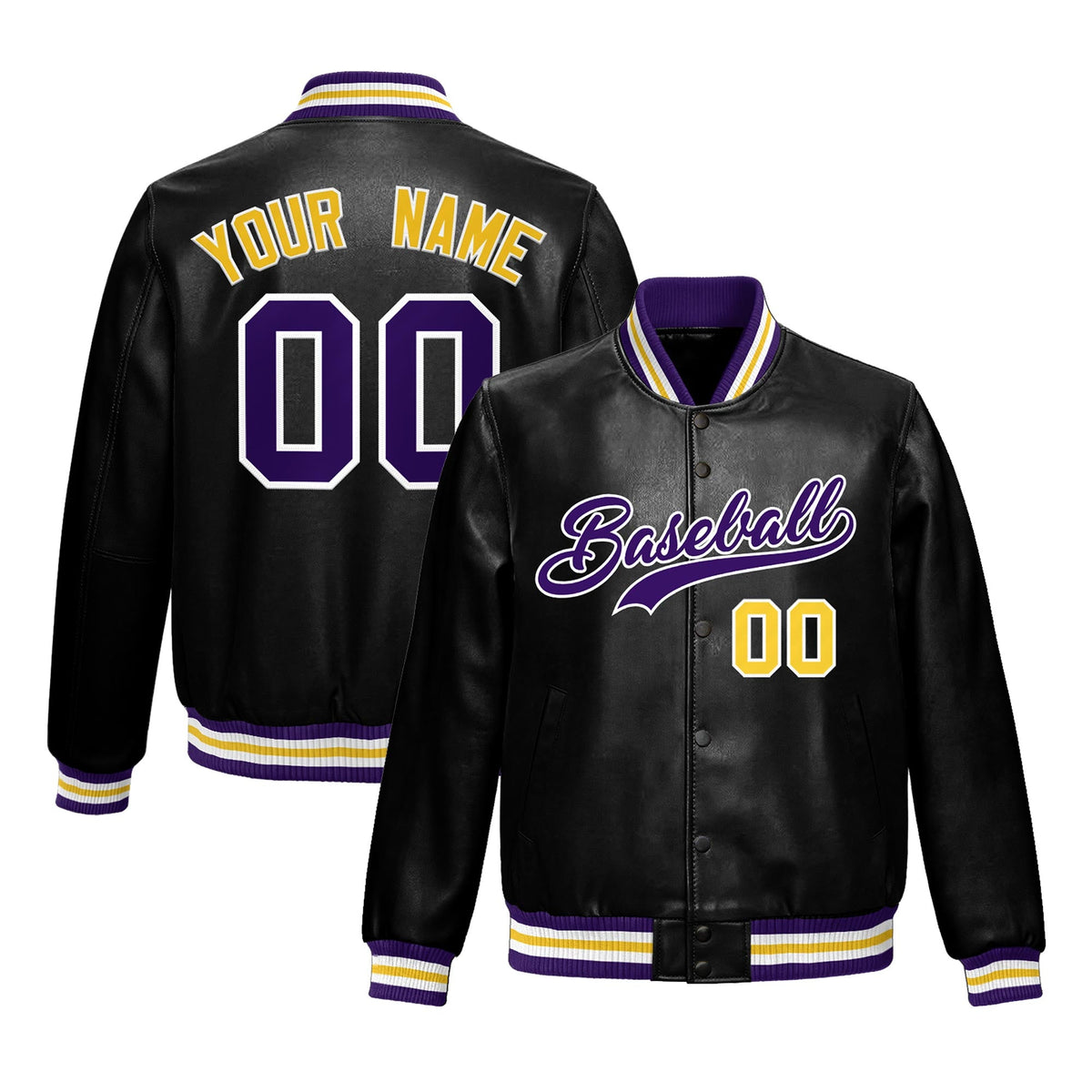 Custom Black Purple Gold Full-Snap Varsity Faux Leather Letterman Jacket| KXKSHOP