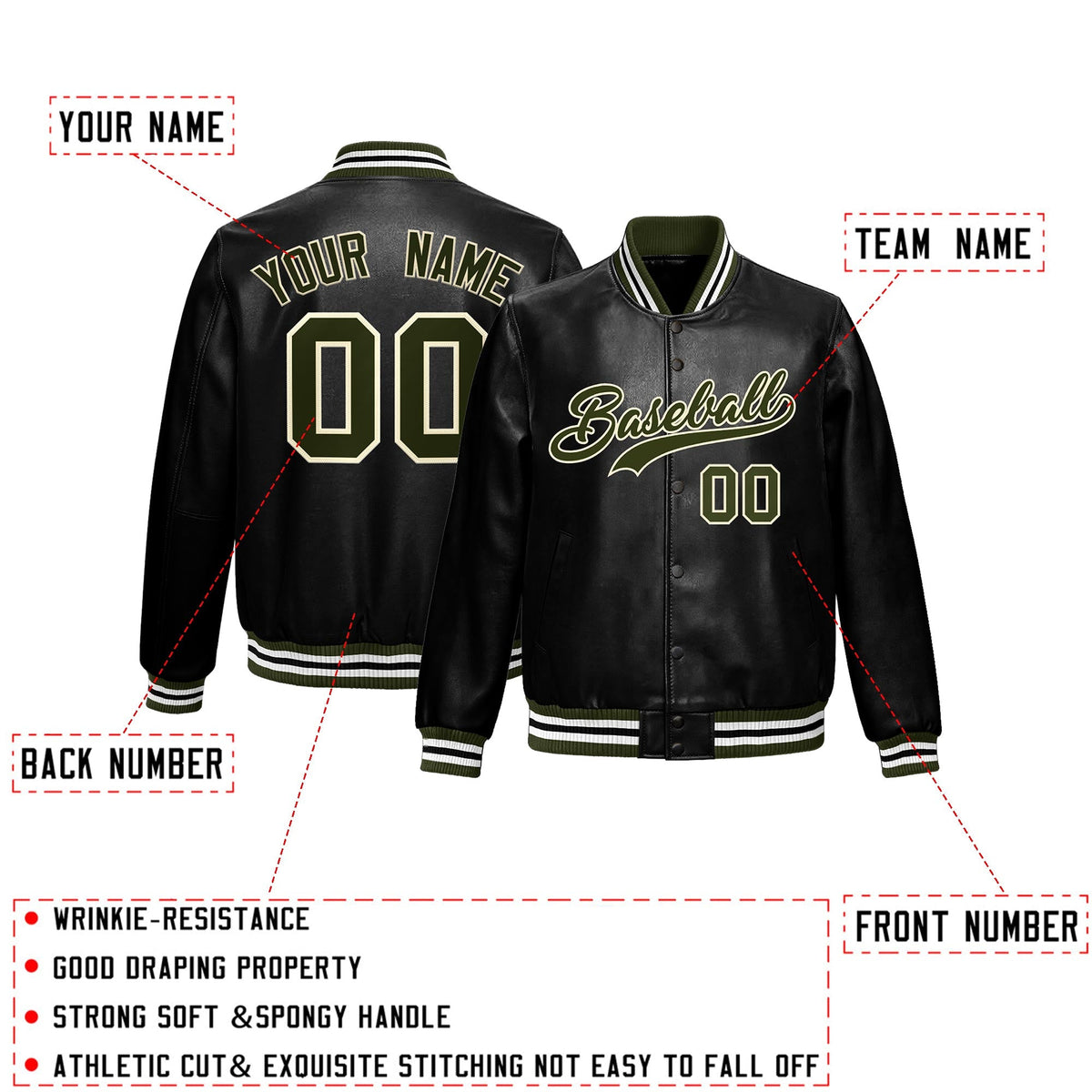 Custom Black Olive Full-Snap Varsity Faux Leather Letterman Jacket| KXKSHOP