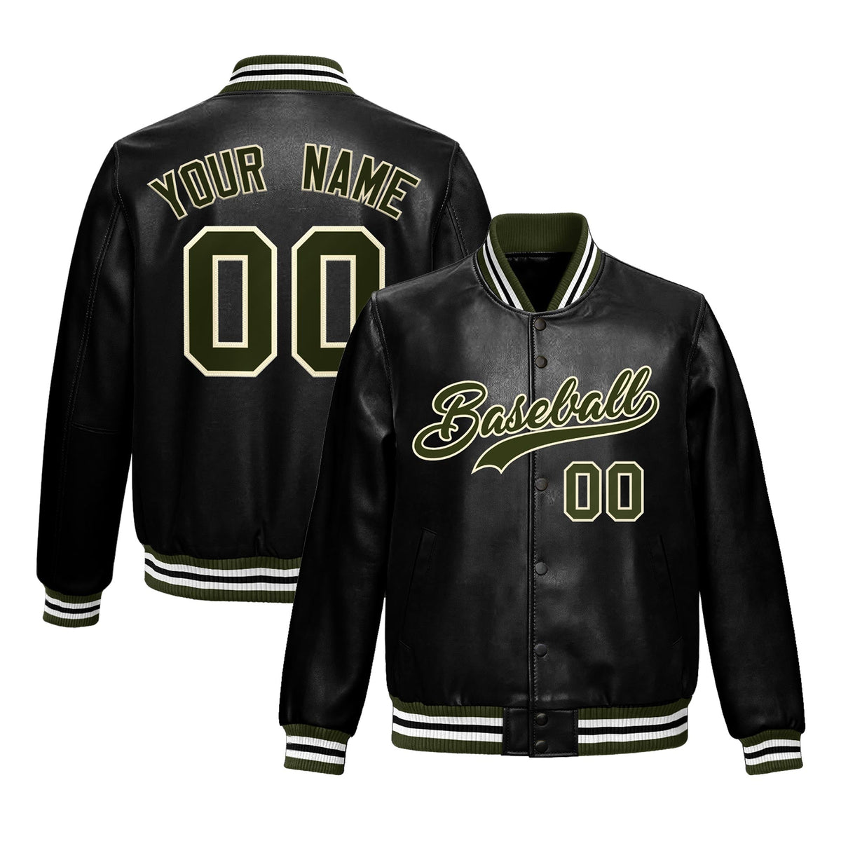 Custom Black Olive Full-Snap Varsity Faux Leather Letterman Jacket| KXKSHOP