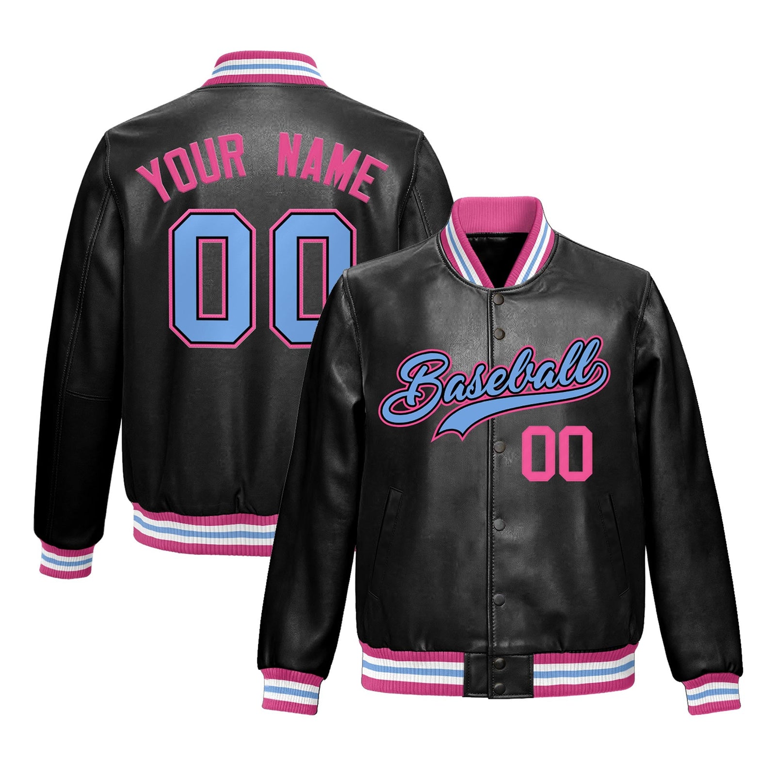 Custom Black Pink Full-Snap Varsity Faux Leather Letterman Jacket| KXKSHOP