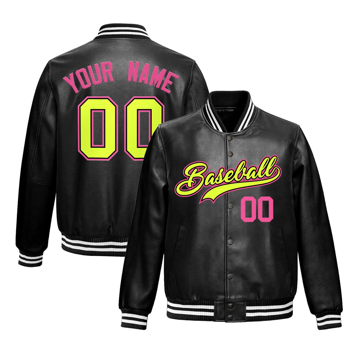 Custom Black Fluorescent Green Full-Snap Varsity Faux Leather Letterman Jacket| KXKSHOP