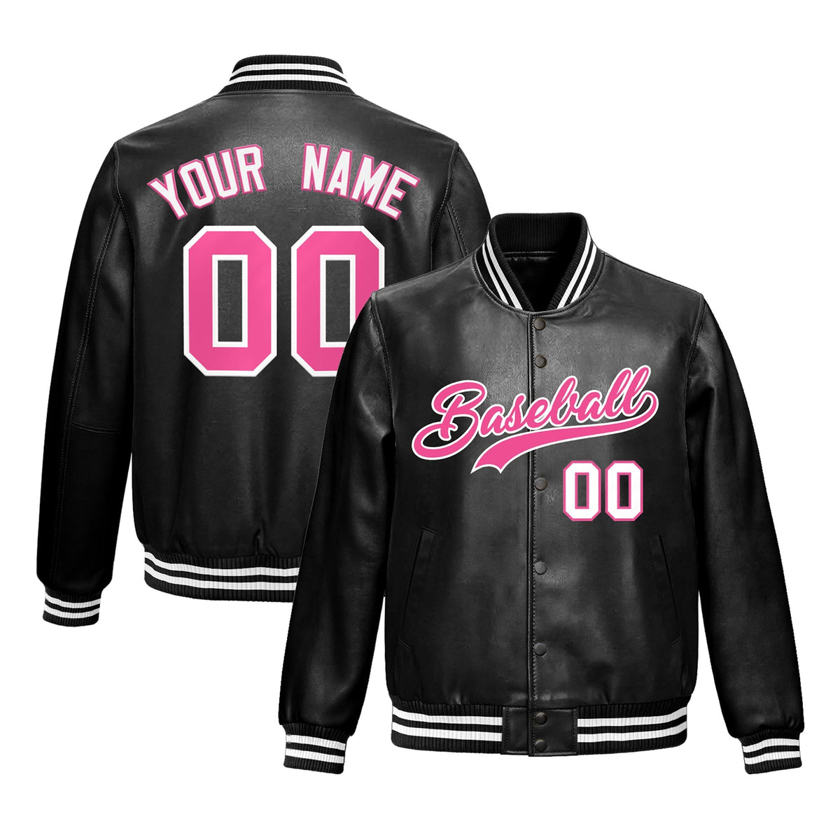 Custom Black Pink White Full-Snap Varsity Faux Leather Letterman Jacket| KXKSHOP