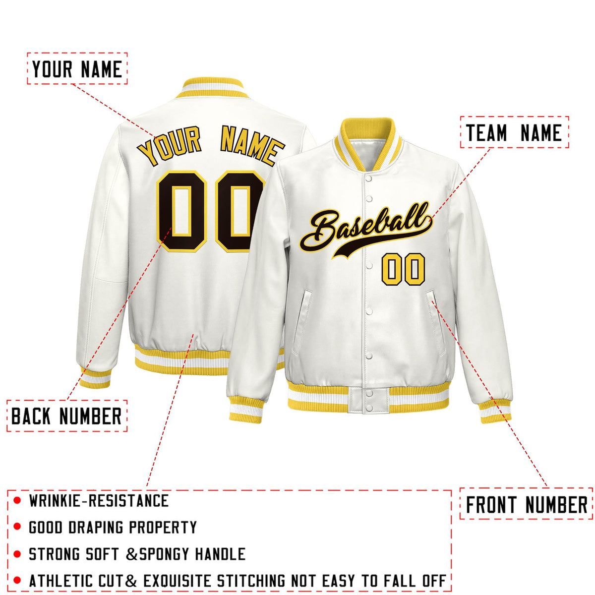 Custom Gold White Full-Snap Varsity Faux Leather Letterman Jacket| KXKSHOP