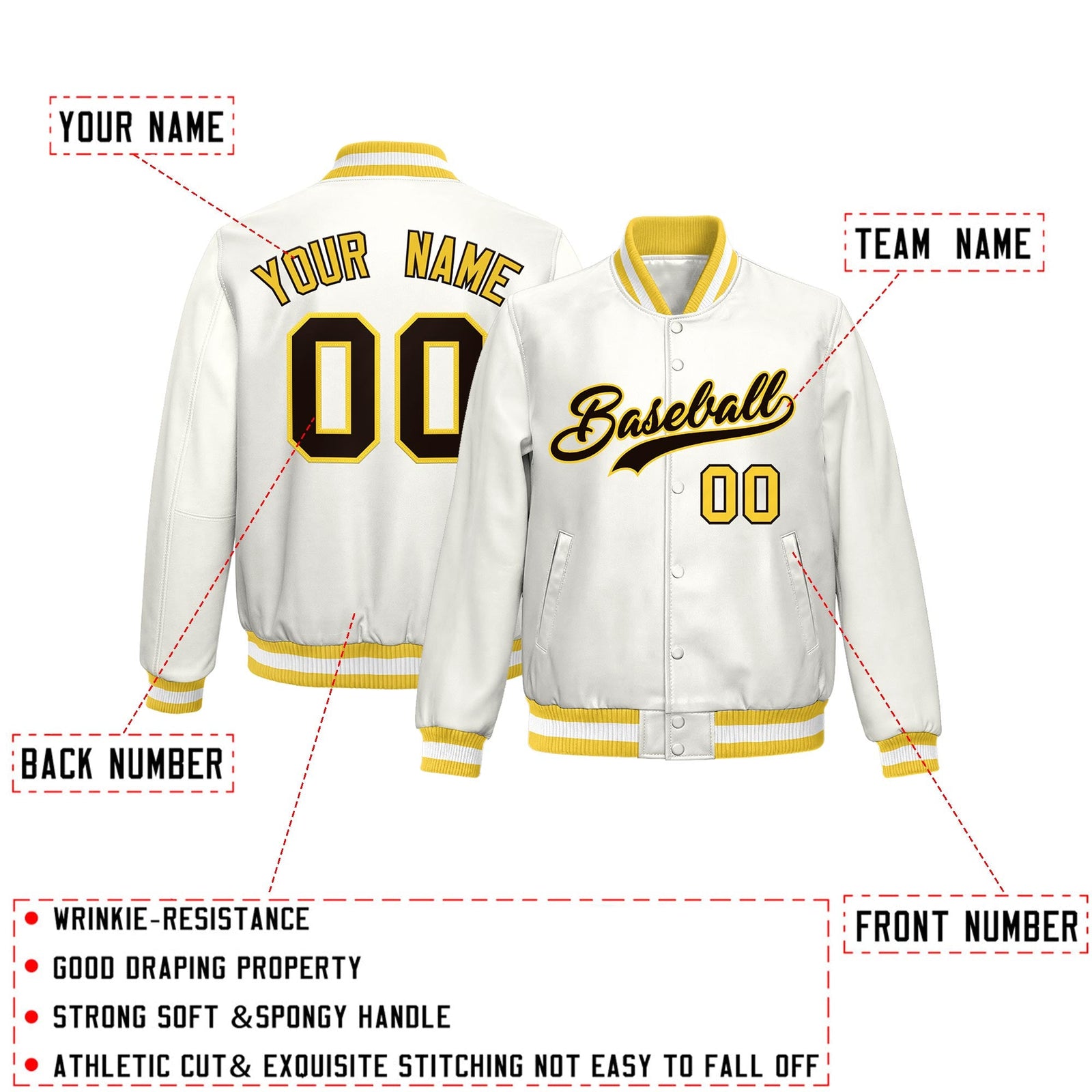 Custom Gold White Full-Snap Varsity Faux Leather Letterman Jacket| KXKSHOP