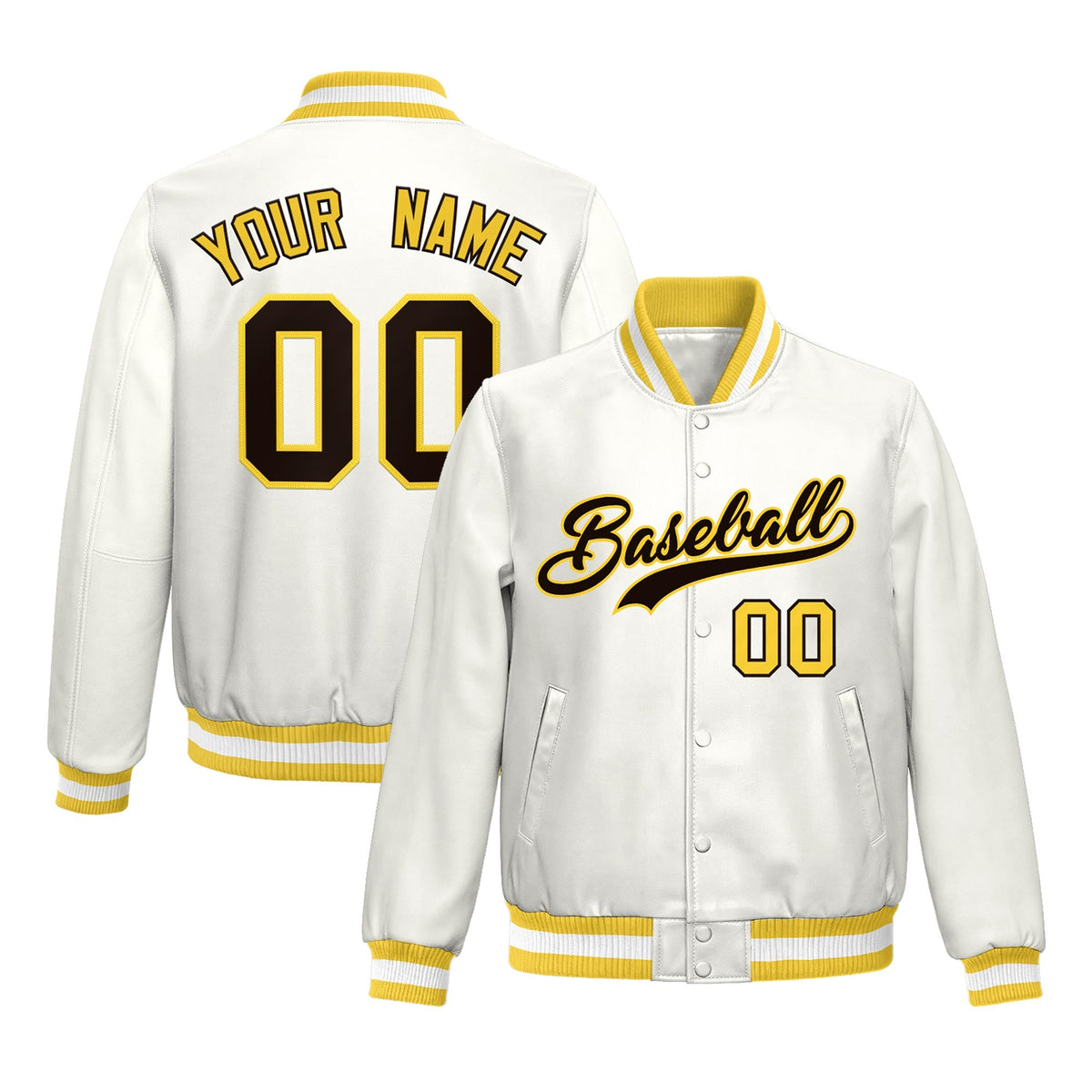 Custom Gold White Full-Snap Varsity Faux Leather Letterman Jacket| KXKSHOP