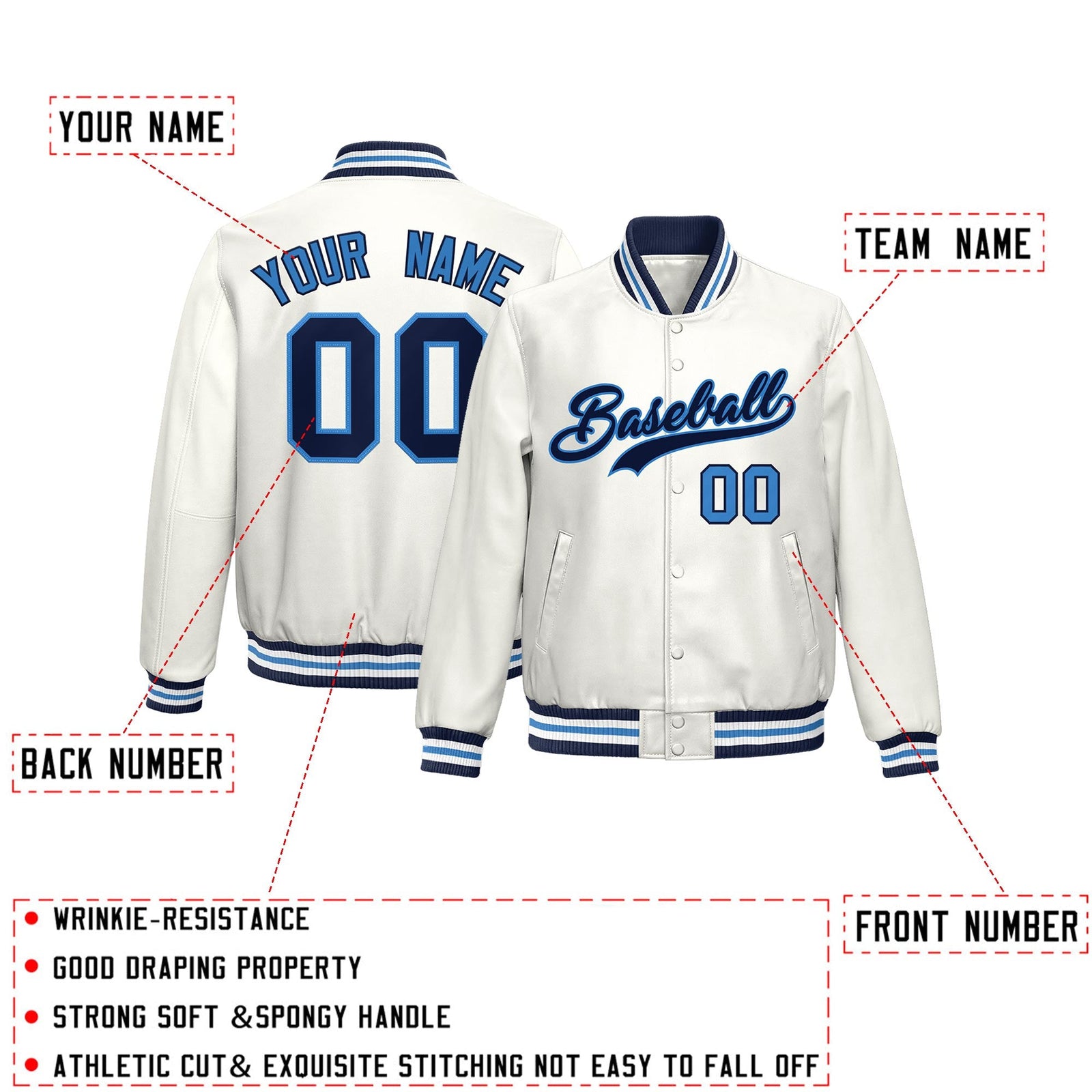 Custom White Light Blue Full-Snap Varsity Faux Leather Letterman Jacket| KXKSHOP