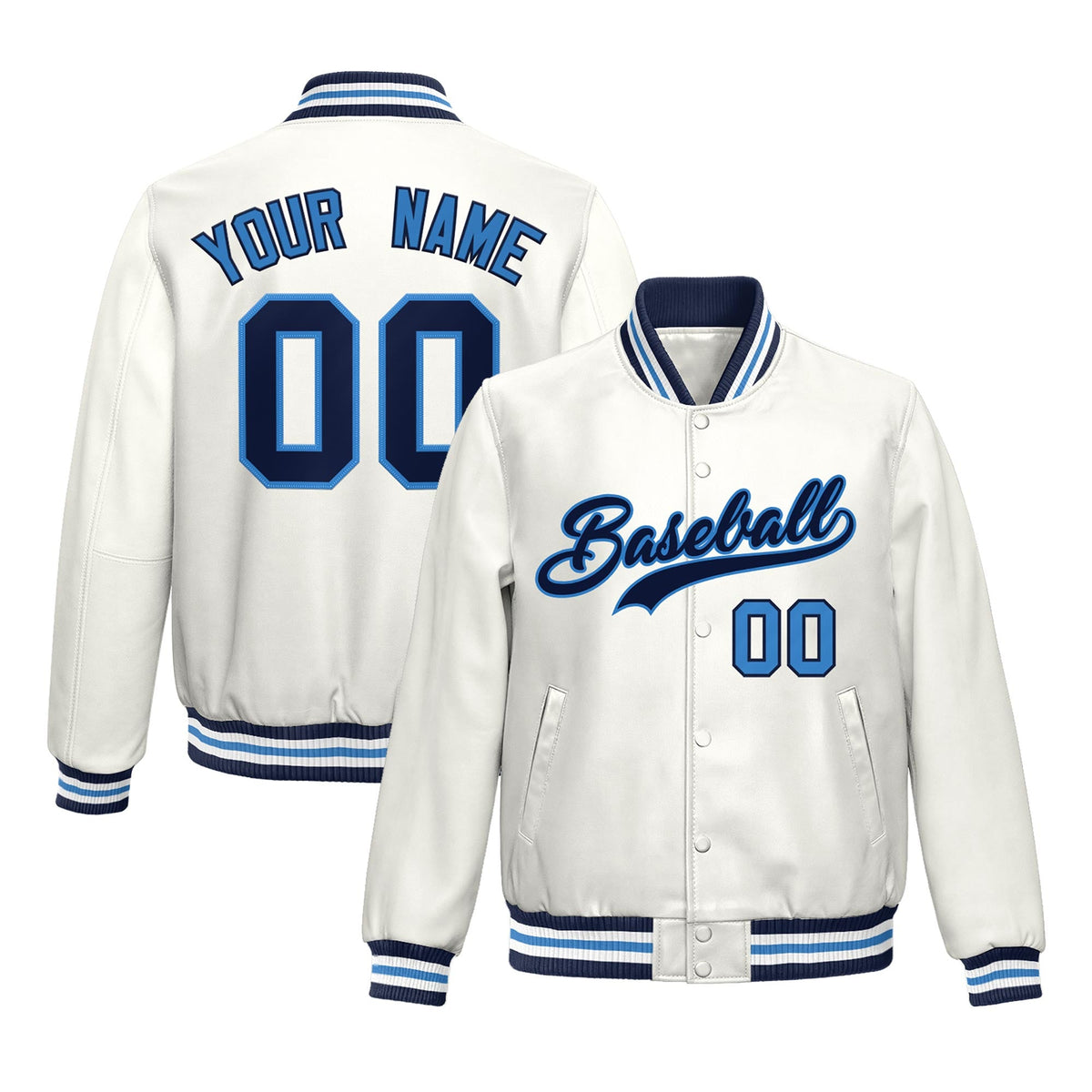 Custom White Light Blue Full-Snap Varsity Faux Leather Letterman Jacket| KXKSHOP