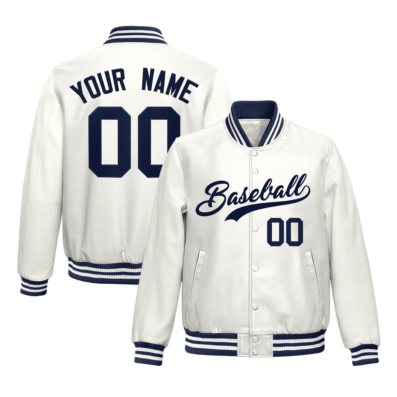 Custom White Navy Full-Snap Varsity Faux Leather Letterman Jacket| KXKSHOP