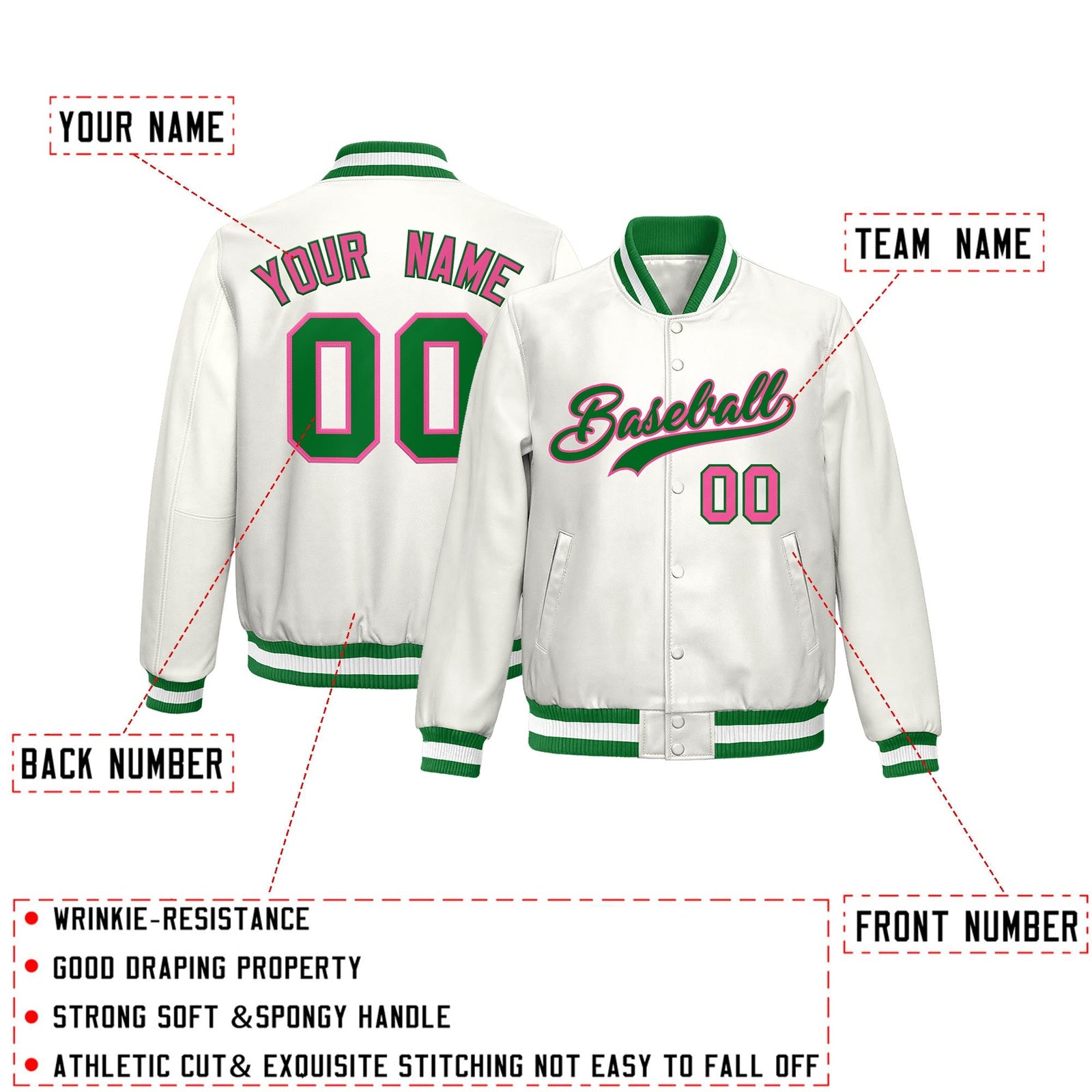 Custom White Kelly Green Pink Full-Snap Varsity Faux Leather Letterman Jacket| KXKSHOP