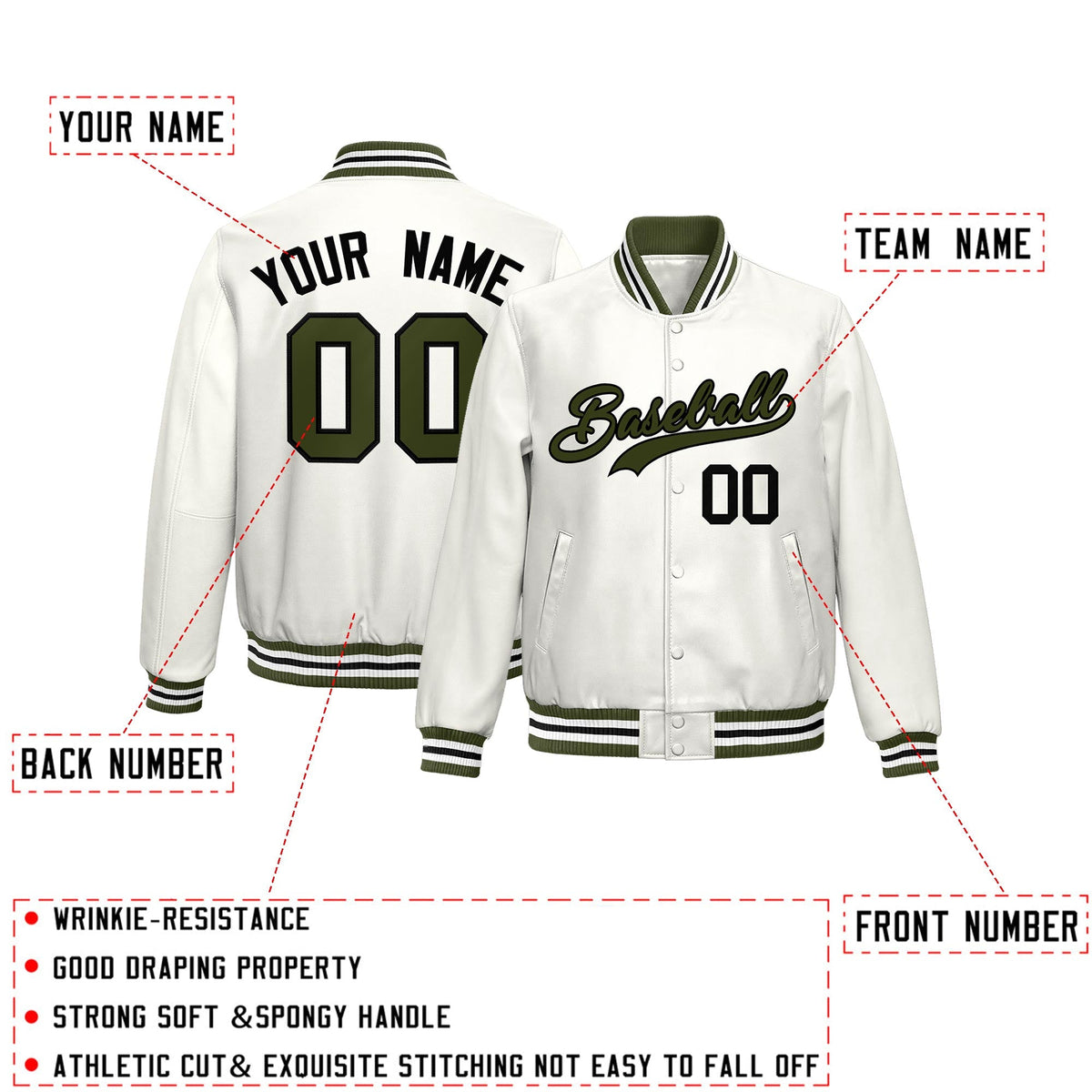 Custom White Olive Full-Snap Varsity Faux Leather Letterman Jacket| KXKSHOP