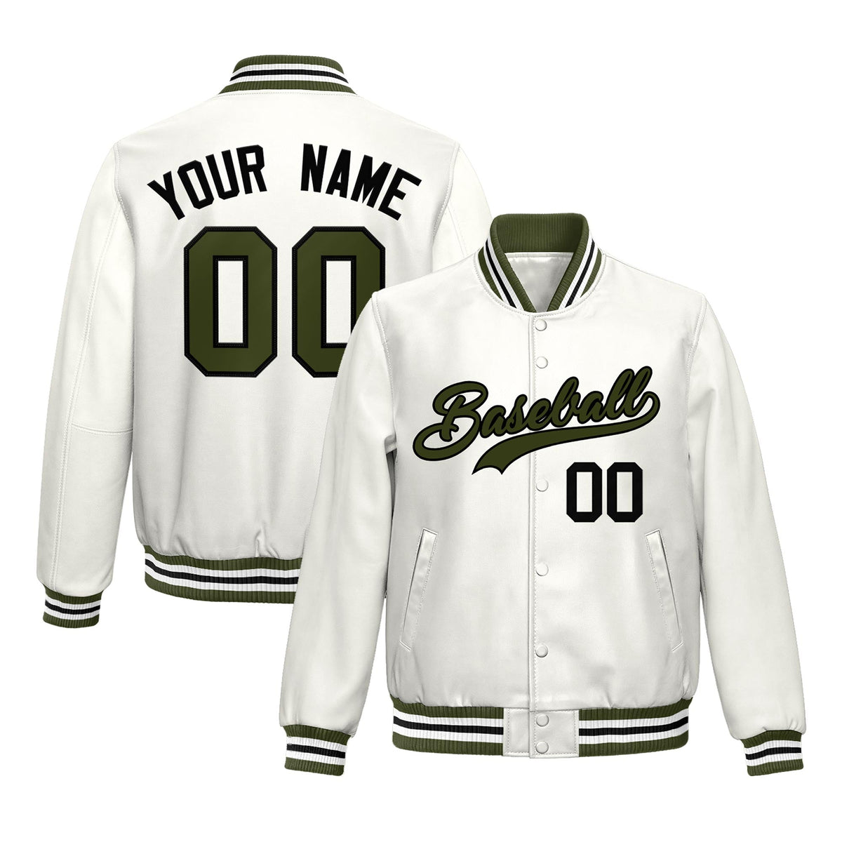 Custom White Olive Full-Snap Varsity Faux Leather Letterman Jacket| KXKSHOP