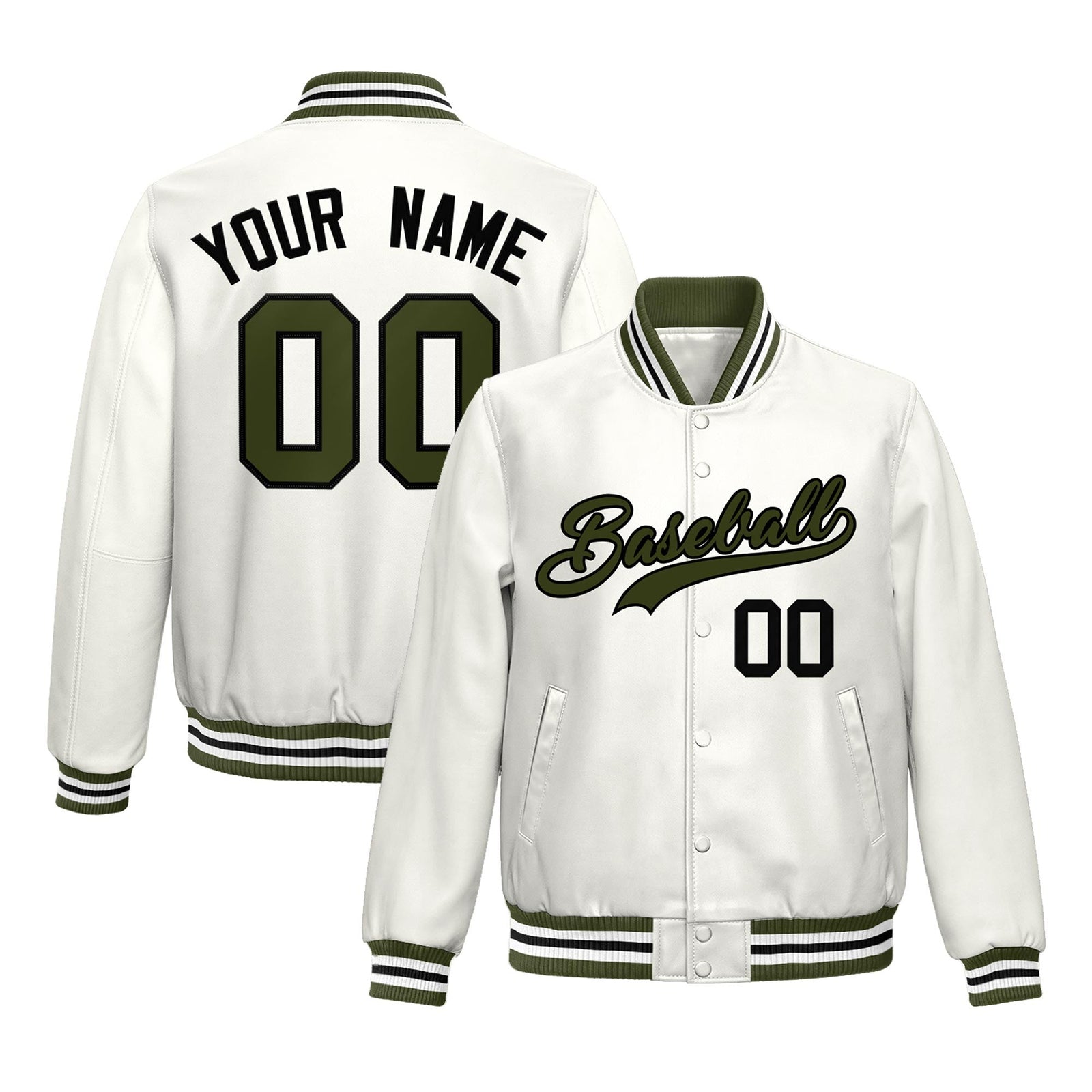 Custom White Olive Full-Snap Varsity Faux Leather Letterman Jacket| KXKSHOP