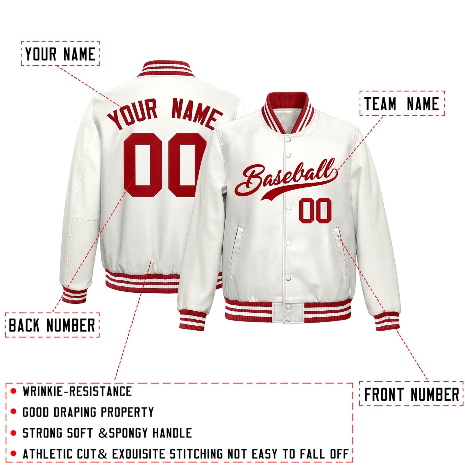 Custom White Red Full-Snap Varsity Faux Leather Letterman Jacket| KXKSHOP