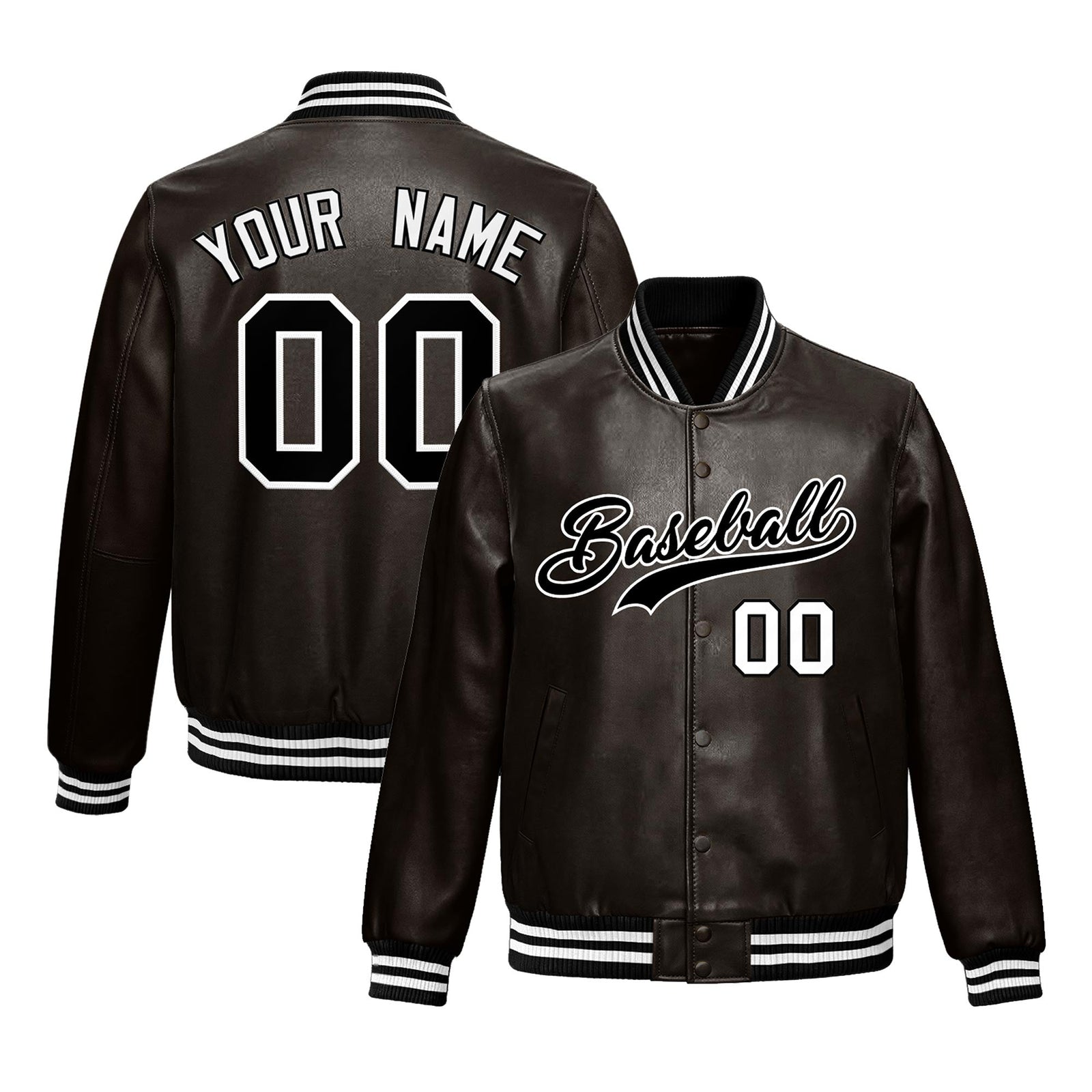 Custom Brown Black Full-Snap Varsity Faux Leather Letterman Jacket| KXKSHOP