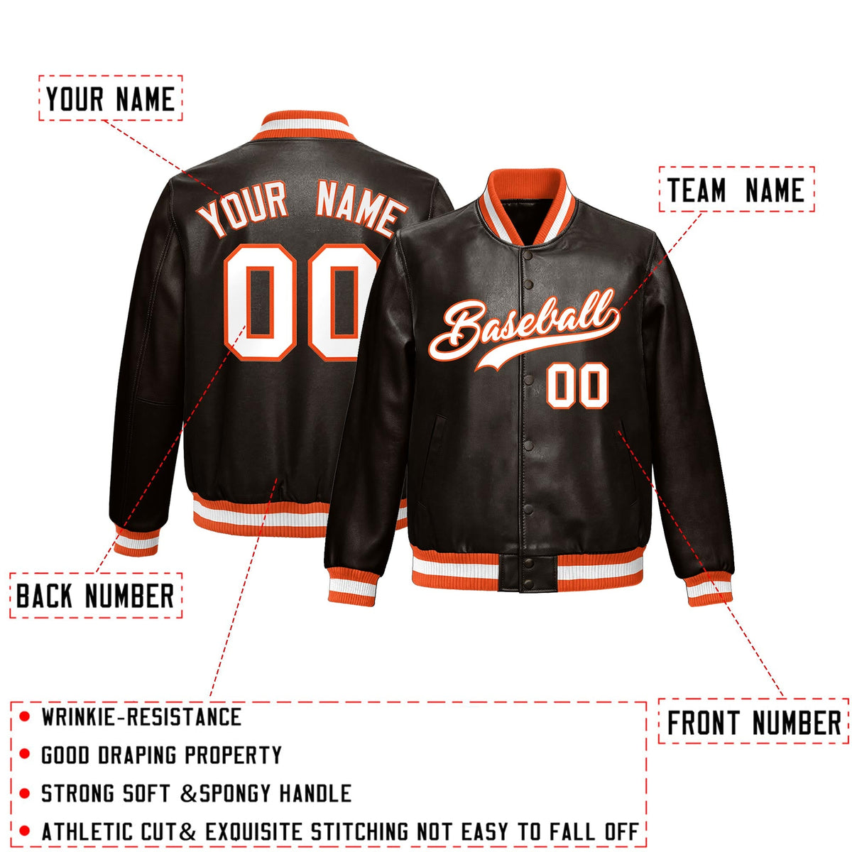 Custom Brown Orange Full-Snap Varsity Faux Leather Letterman Jacket| KXKSHOP