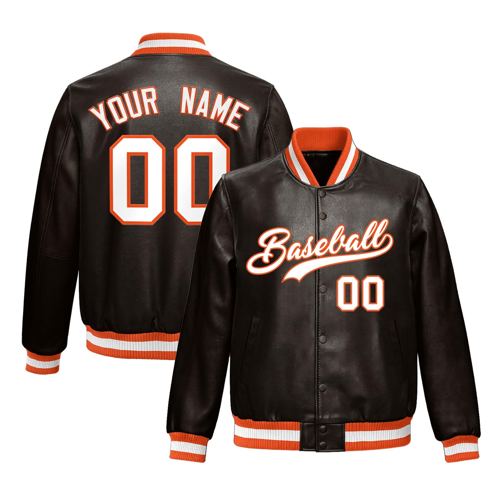 Custom Brown Orange Full-Snap Varsity Faux Leather Letterman Jacket| KXKSHOP