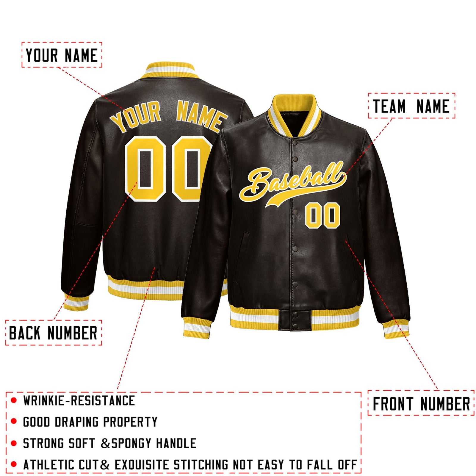 Custom Brown Yellow Full-Snap Varsity Faux Leather Letterman Jacket| KXKSHOP