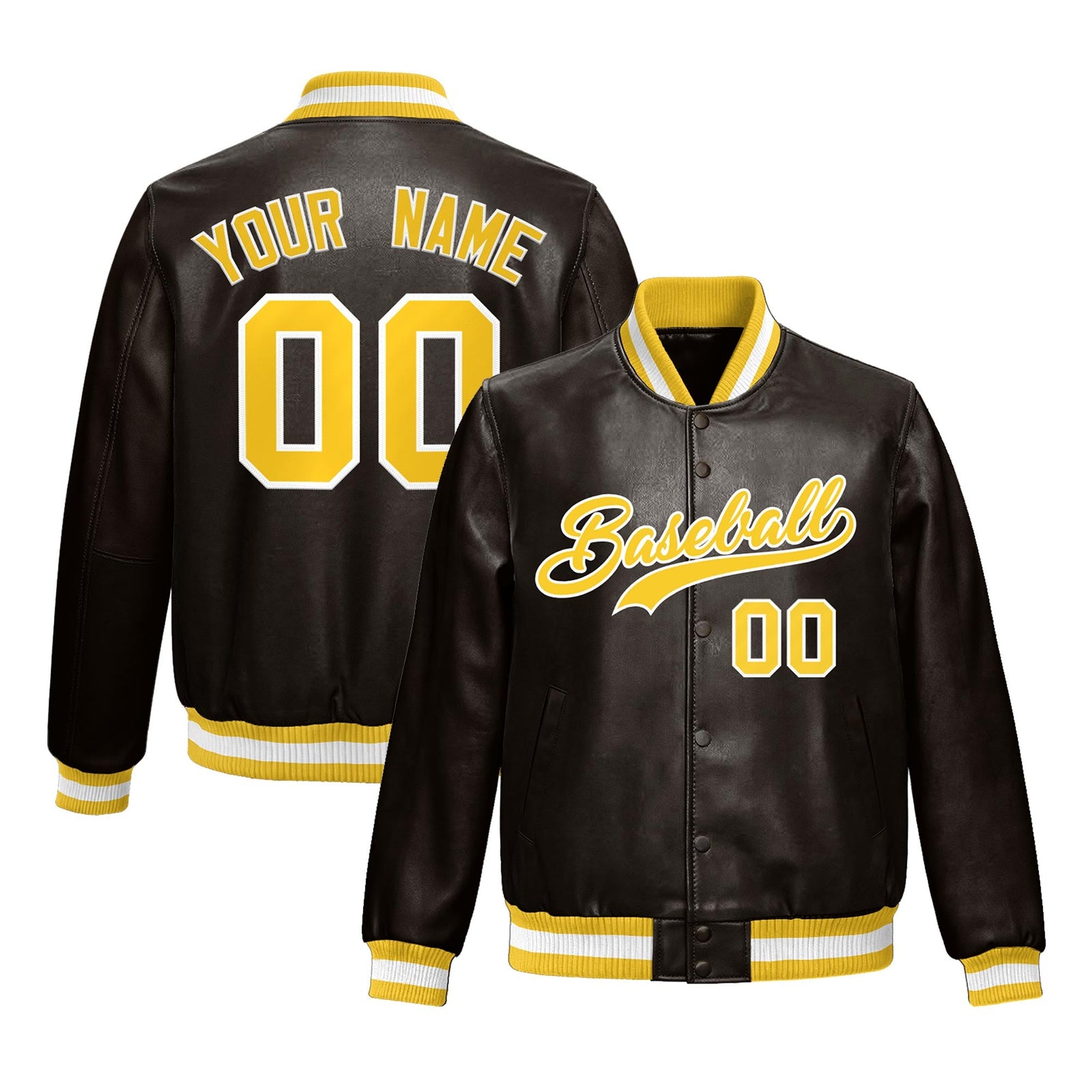 Custom Brown Yellow Full-Snap Varsity Faux Leather Letterman Jacket| KXKSHOP
