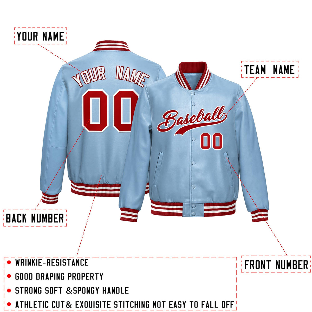 Custom Powder Blue Red Full-Snap Varsity Faux Leather Letterman Jacket| KXKSHOP