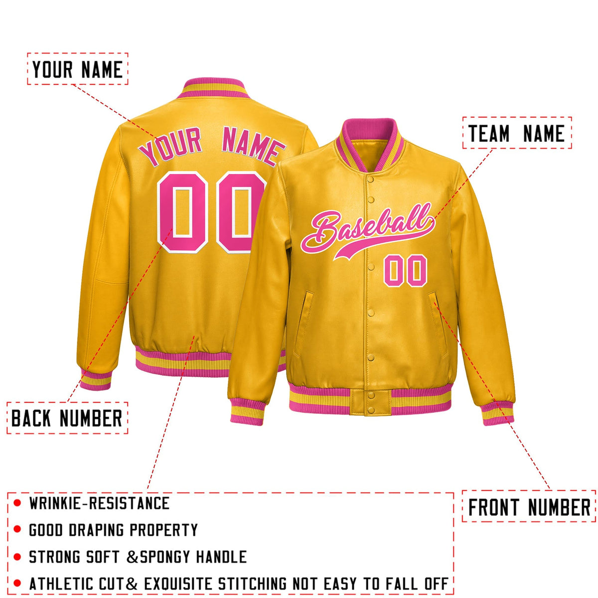 Custom Yellow Pink Full-Snap Varsity Faux Leather Letterman Jacket| KXKSHOP