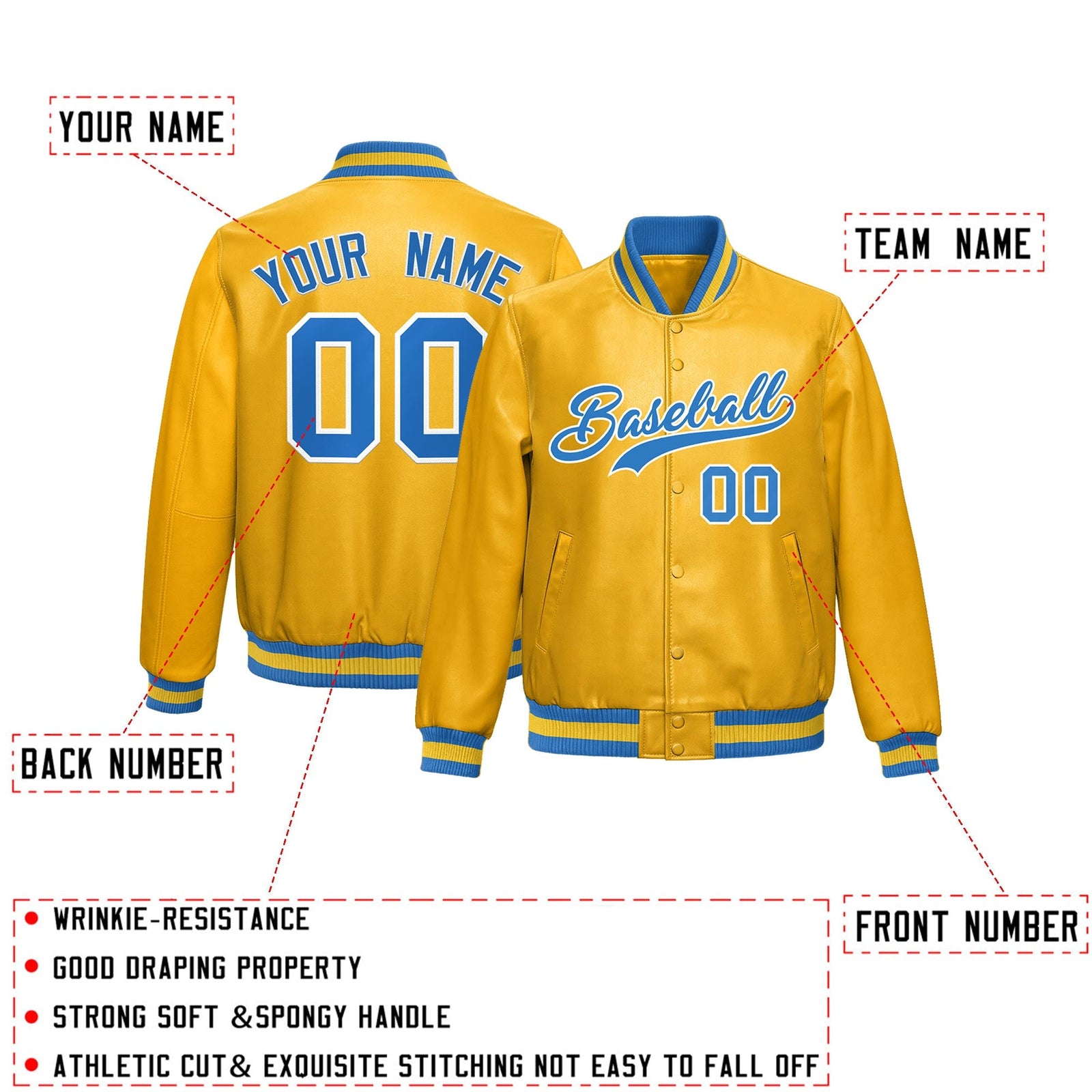 Custom Yellow Light Blue Full-Snap Varsity Faux Leather Letterman Jacket| KXKSHOP