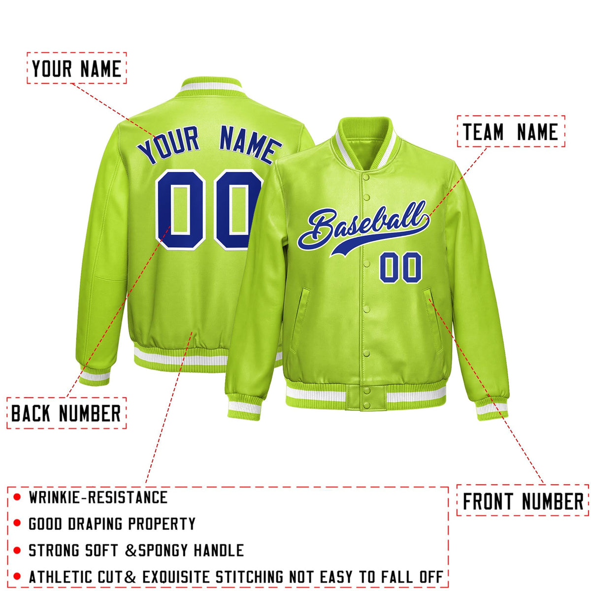 Custom Neon Green Royal Blue Full-Snap Varsity Faux Leather Letterman Jacket| KXKSHOP