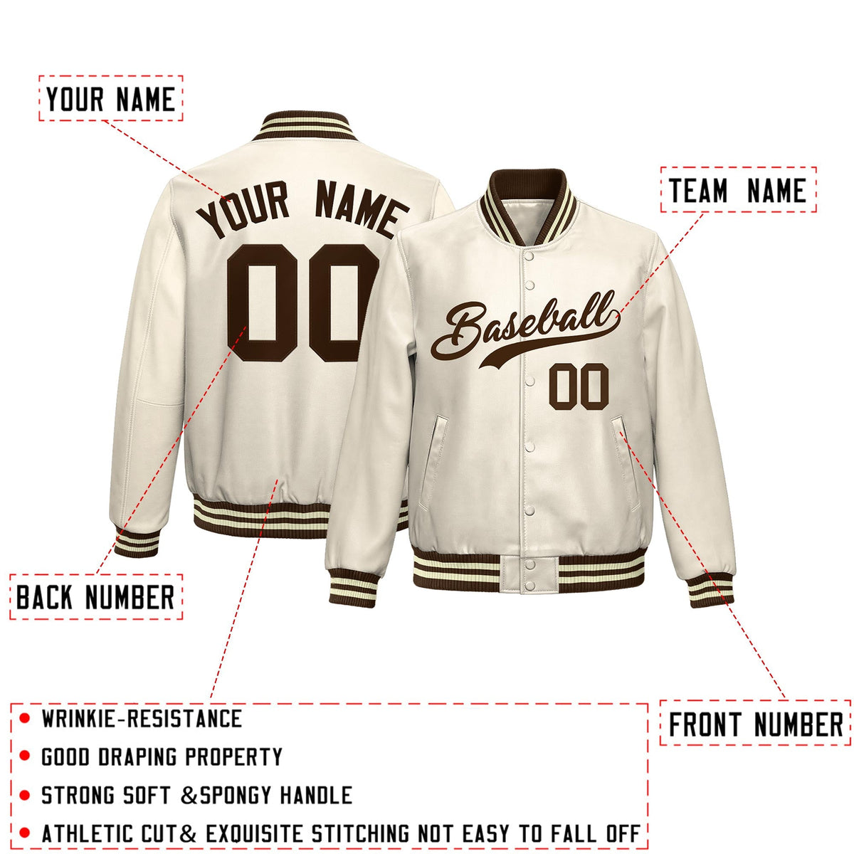 Custom Cream Brown Full-Snap Varsity Faux Leather Letterman Jacket| KXKSHOP