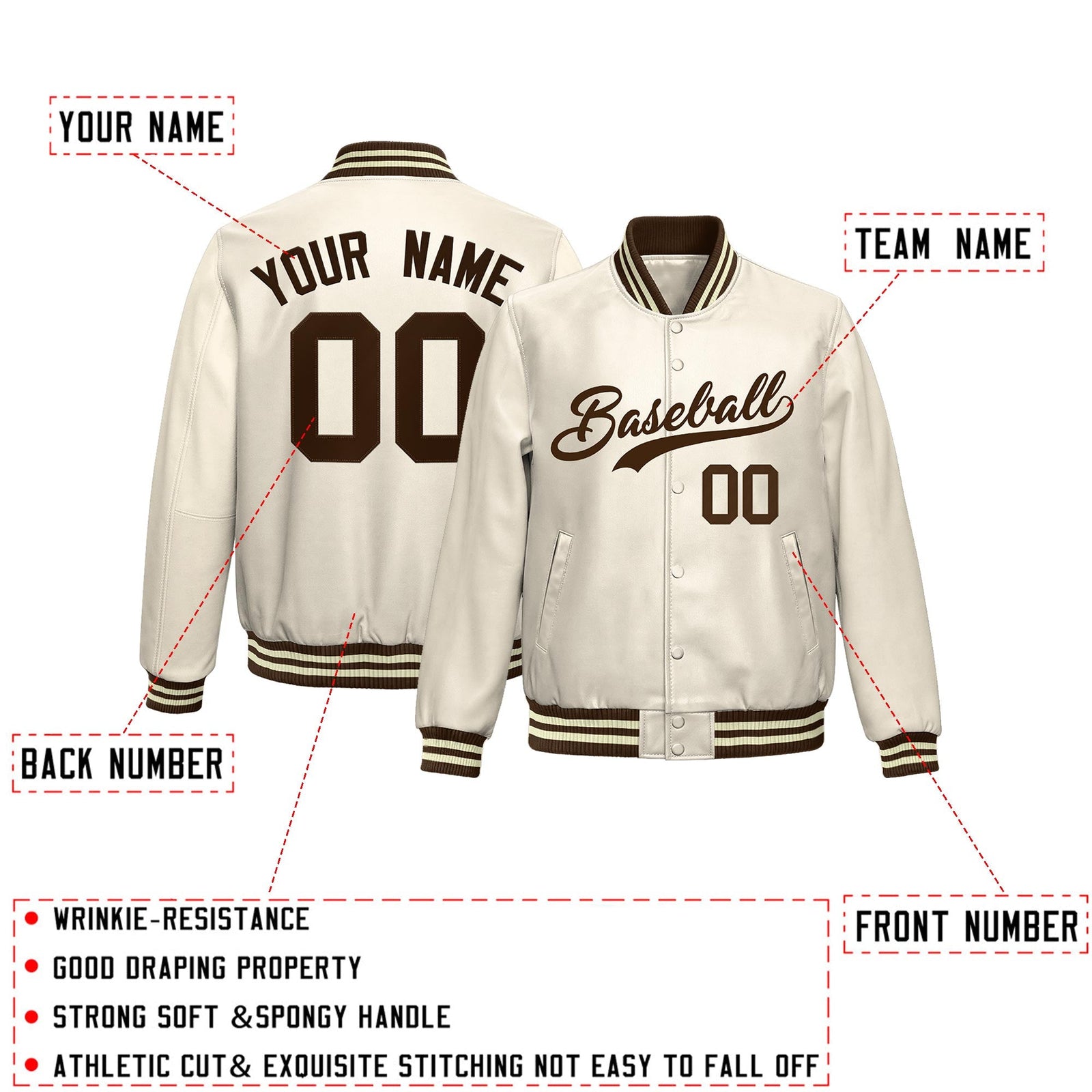 Custom Cream Brown Full-Snap Varsity Faux Leather Letterman Jacket| KXKSHOP