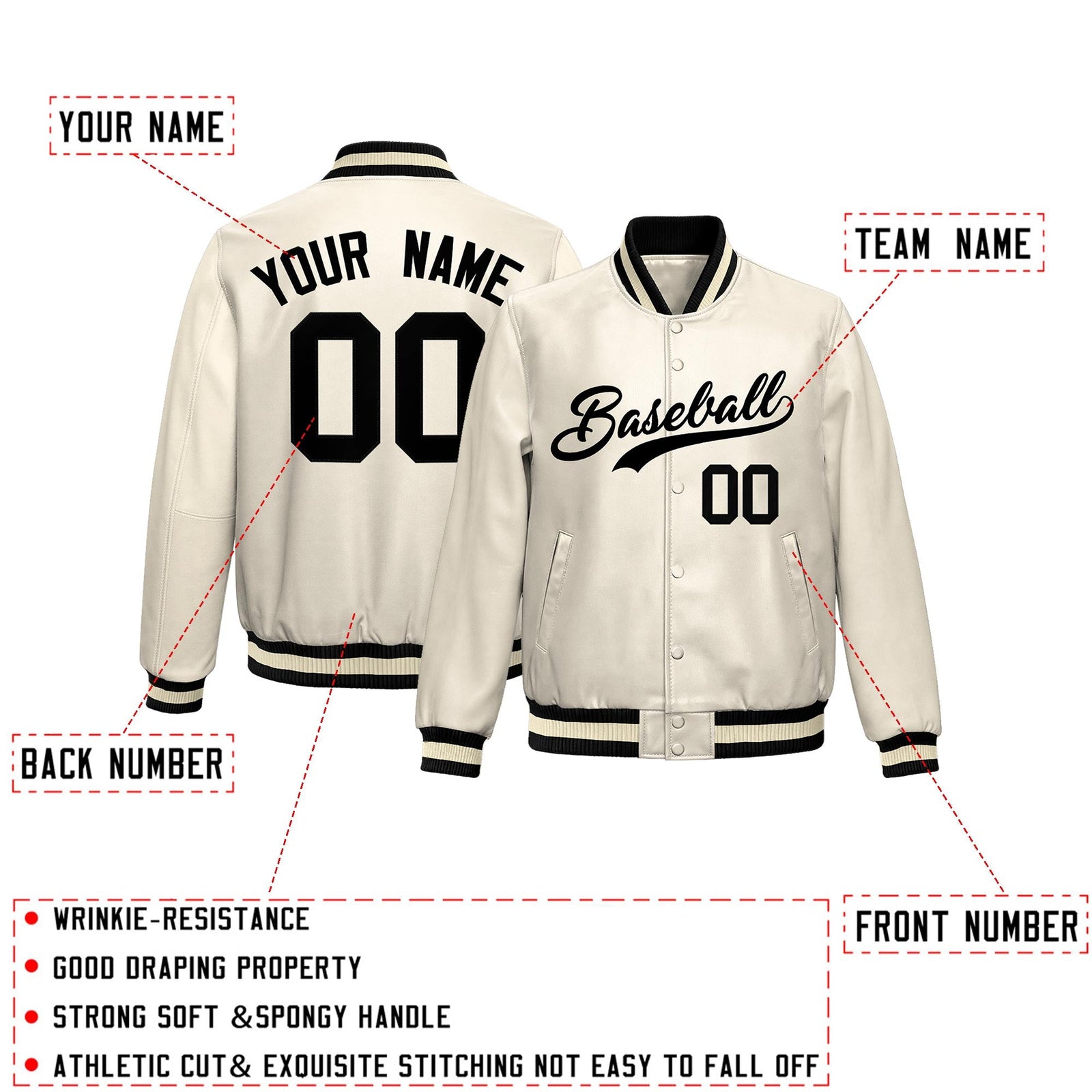 Custom Cream Black Full-Snap Varsity Faux Leather Letterman Jacket| KXKSHOP