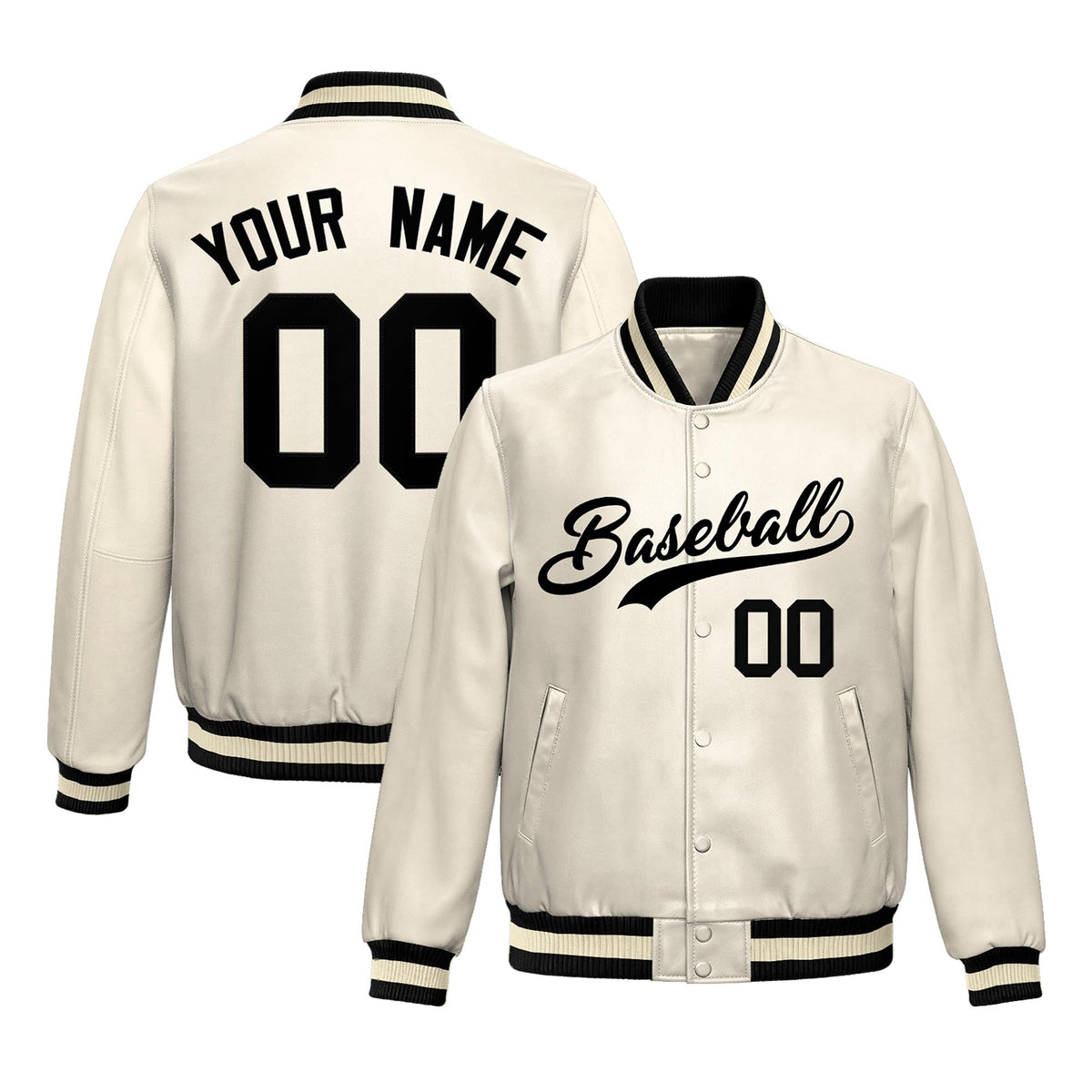 Custom Cream Black Full-Snap Varsity Faux Leather Letterman Jacket| KXKSHOP
