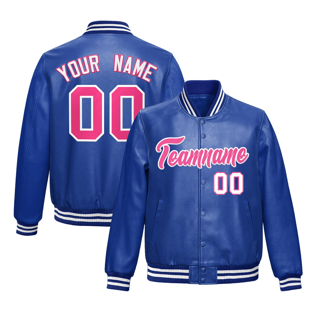 Custom Royal Blue Pink Full-Snap Varsity Faux Leather Letterman Jacket| KXKSHOP