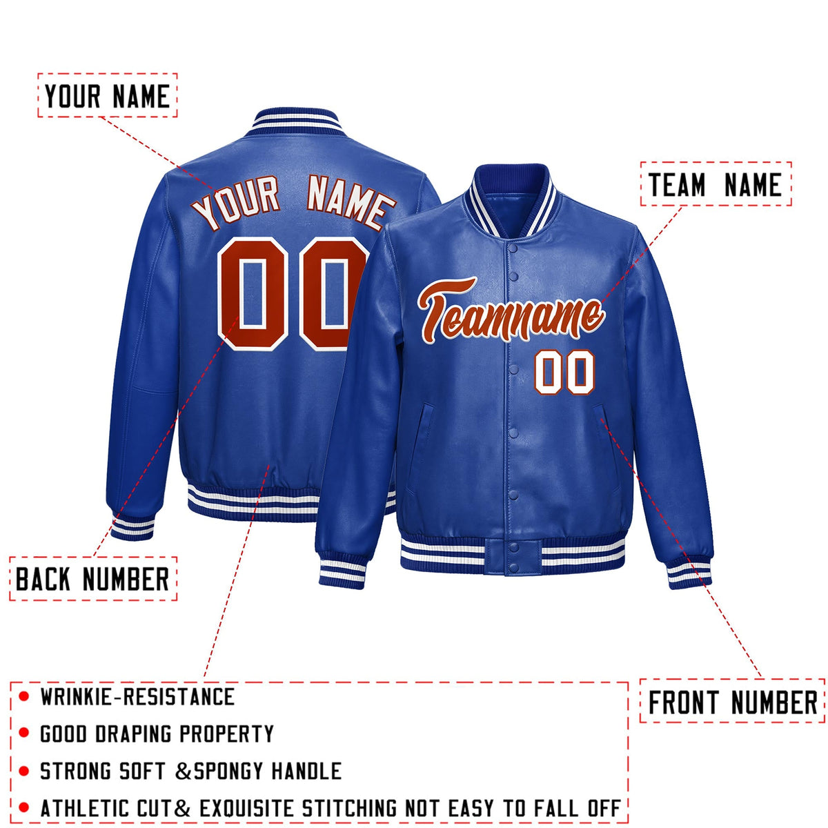 Custom Royal Blue Red Full-Snap Varsity Faux Leather Letterman Jacket| KXKSHOP