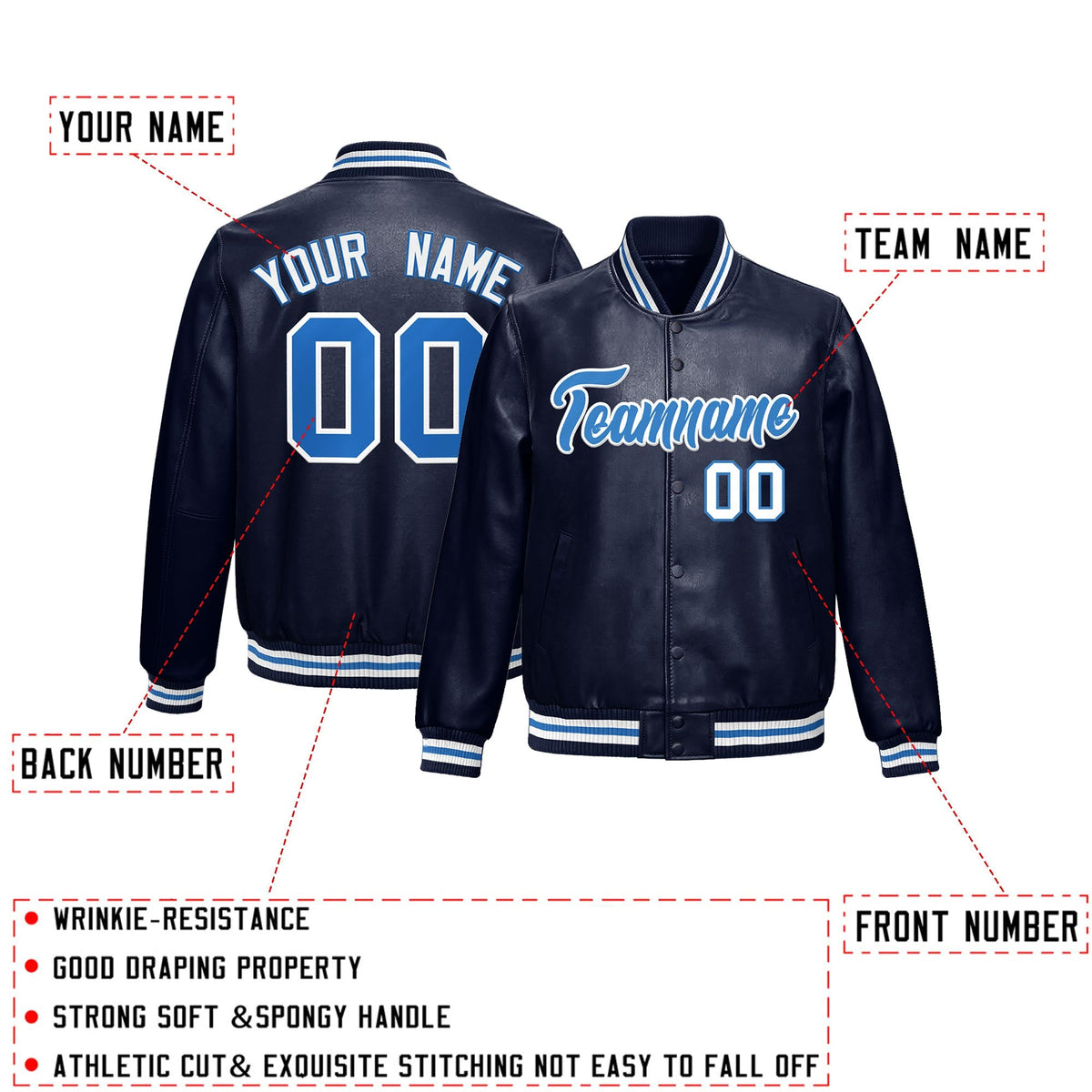Custom Navy Light Blue Full-Snap Varsity Faux Leather Letterman Jacket| KXKSHOP