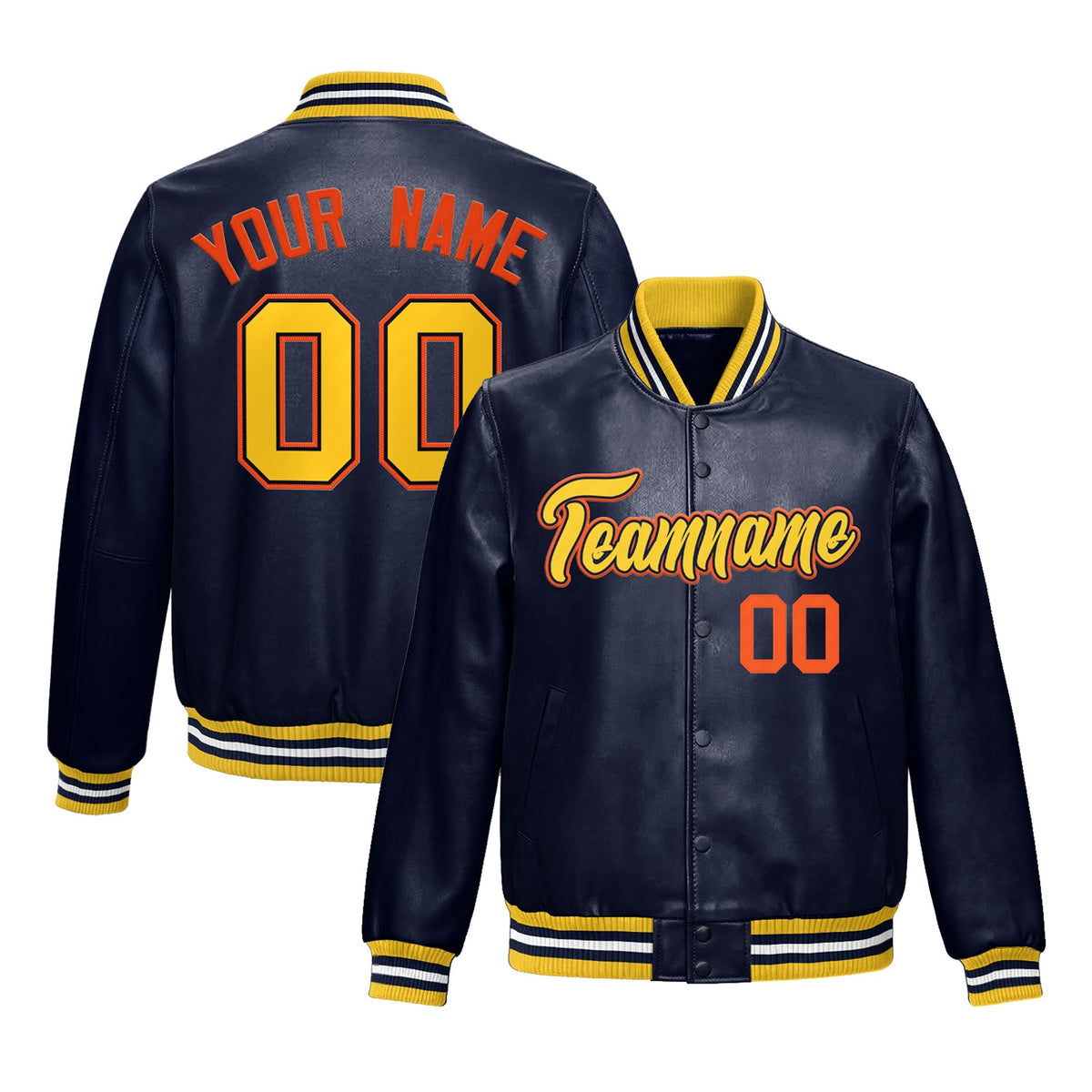 Custom Navy Gold Full-Snap Varsity Faux Leather Letterman Jacket| KXKSHOP