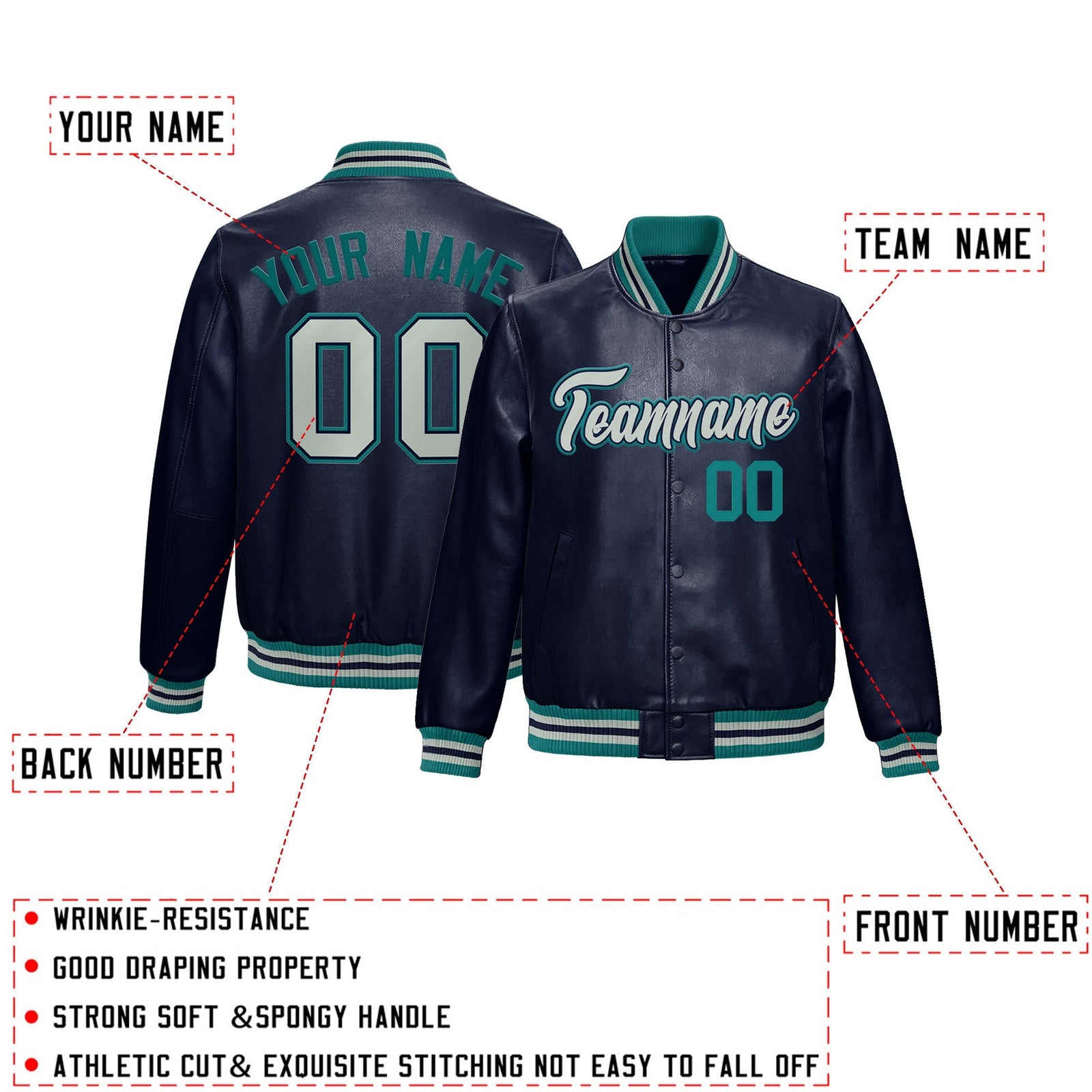 Custom Navy Teal Full-Snap Varsity Faux Leather Letterman Jacket| KXKSHOP