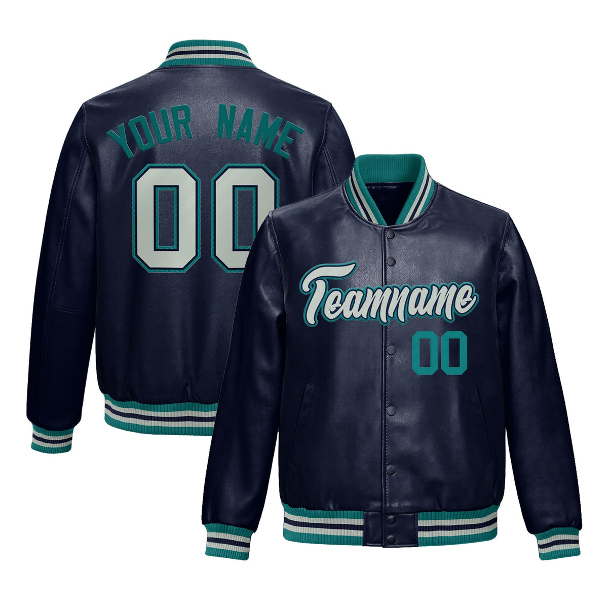 Custom Navy Teal Full-Snap Varsity Faux Leather Letterman Jacket| KXKSHOP