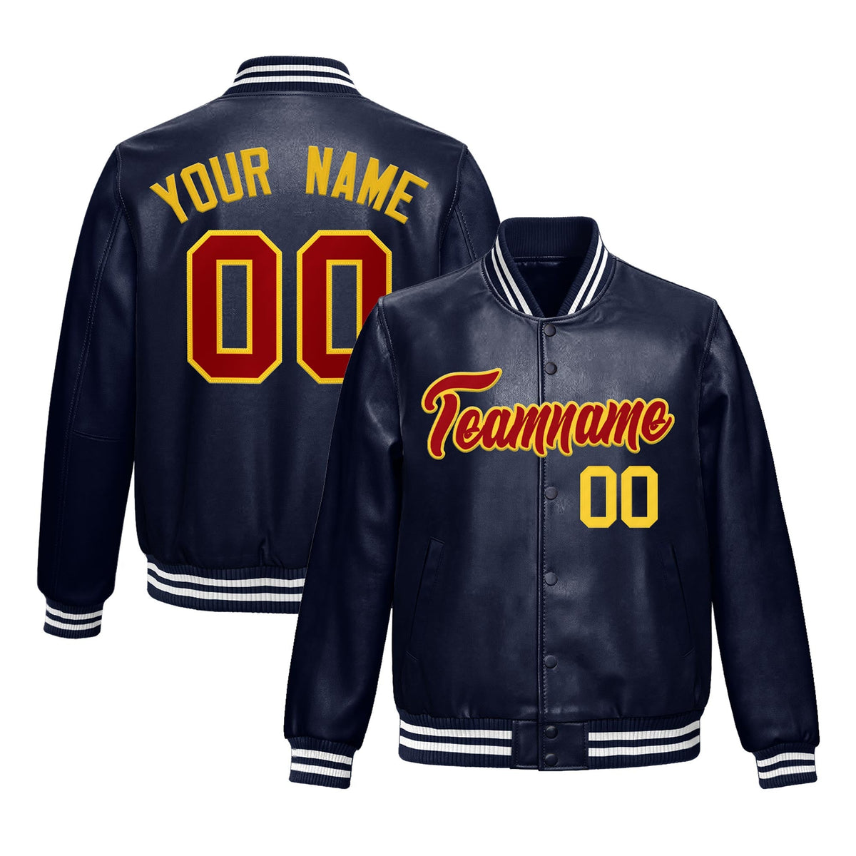 Custom Navy Red Gold Full-Snap Varsity Faux Leather Letterman Jacket| KXKSHOP