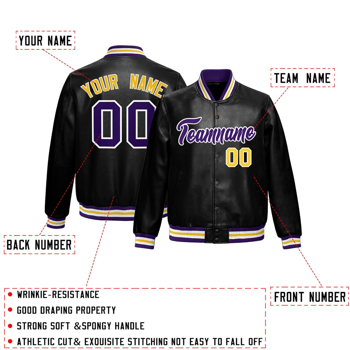 Custom Black Purple Gold Full-Snap Varsity Faux Leather Letterman Jacket| KXKSHOP